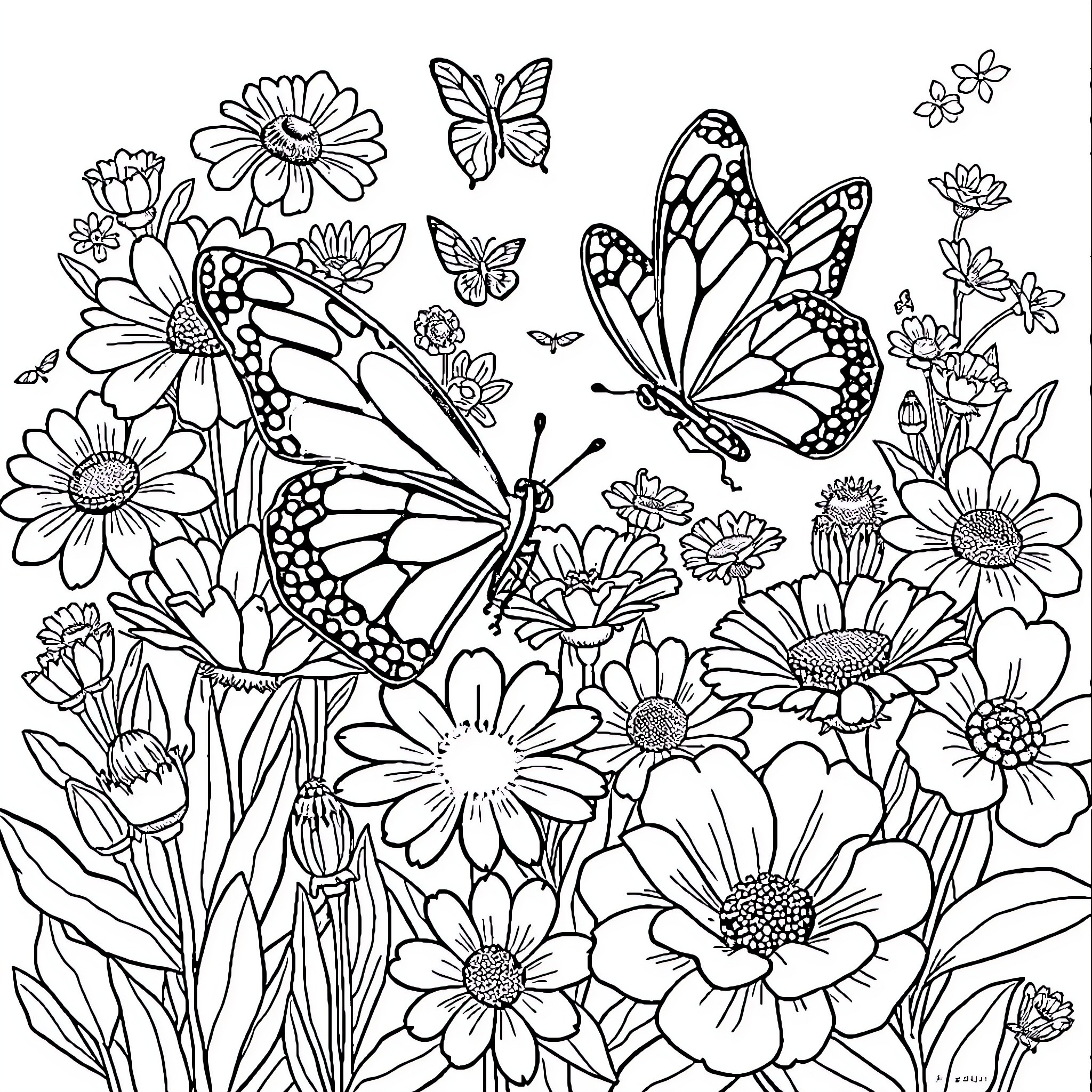 Butterfly garden filled with delicate flowers Coloring Page (free black-and-white line drawing printable PDF for all, from beginners to advanced learners, including children, teens, adults, and seniors)