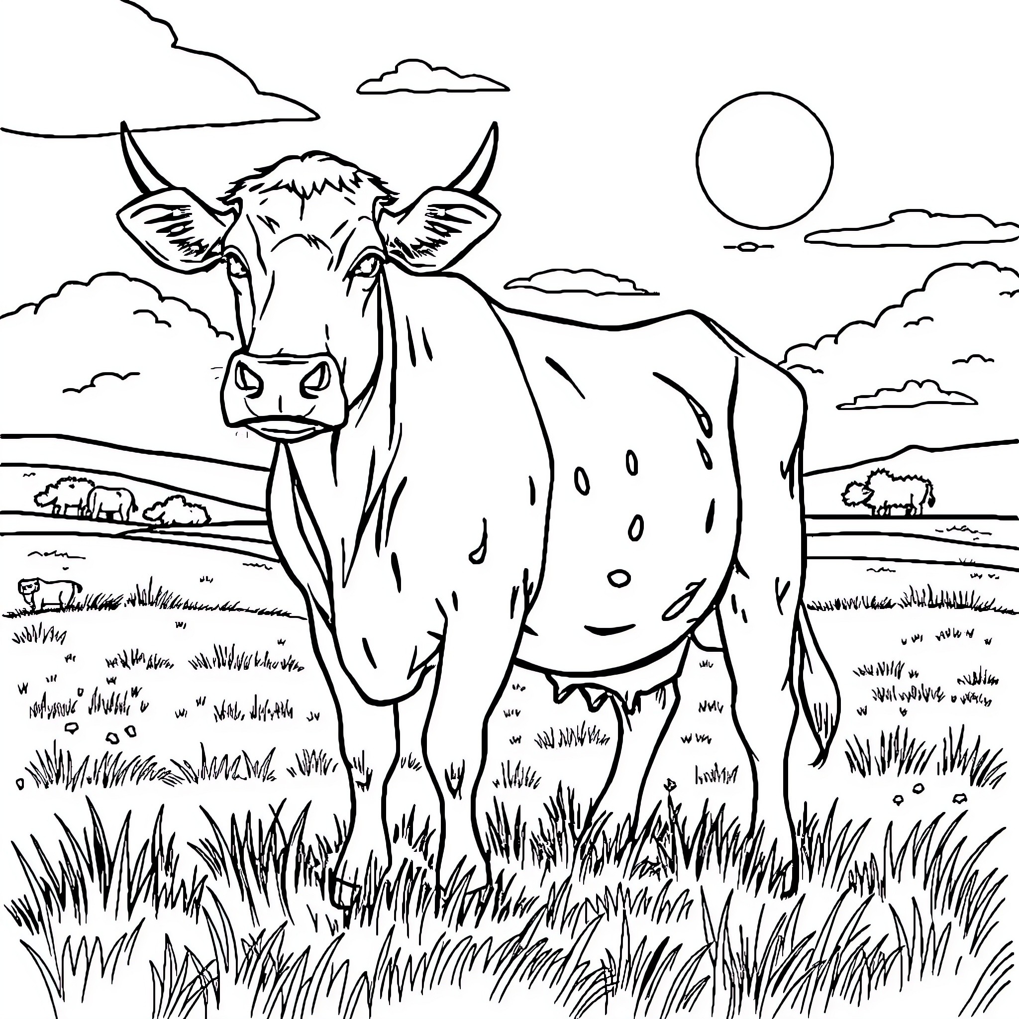 Cow standing in a grassy field under the sun Coloring Page (free black-and-white line drawing printable PDF for all, from beginners to advanced learners, including children, teens, adults, and seniors)