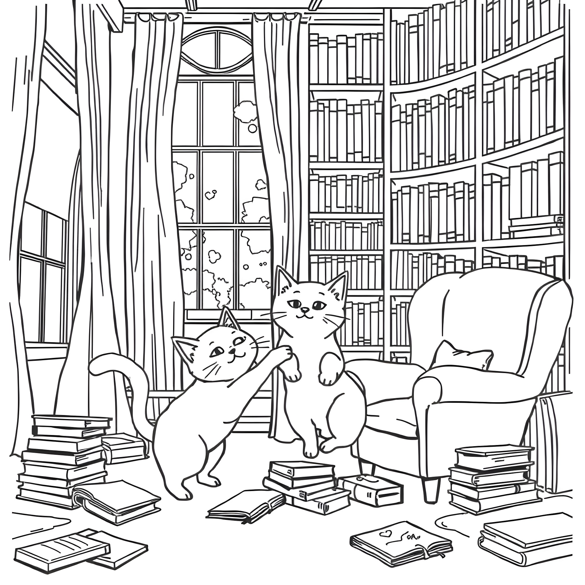 Cats relaxing in a cozy library Coloring Page (free black-and-white line drawing printable PDF for all, from beginners to advanced learners, including children, teens, adults, and seniors)