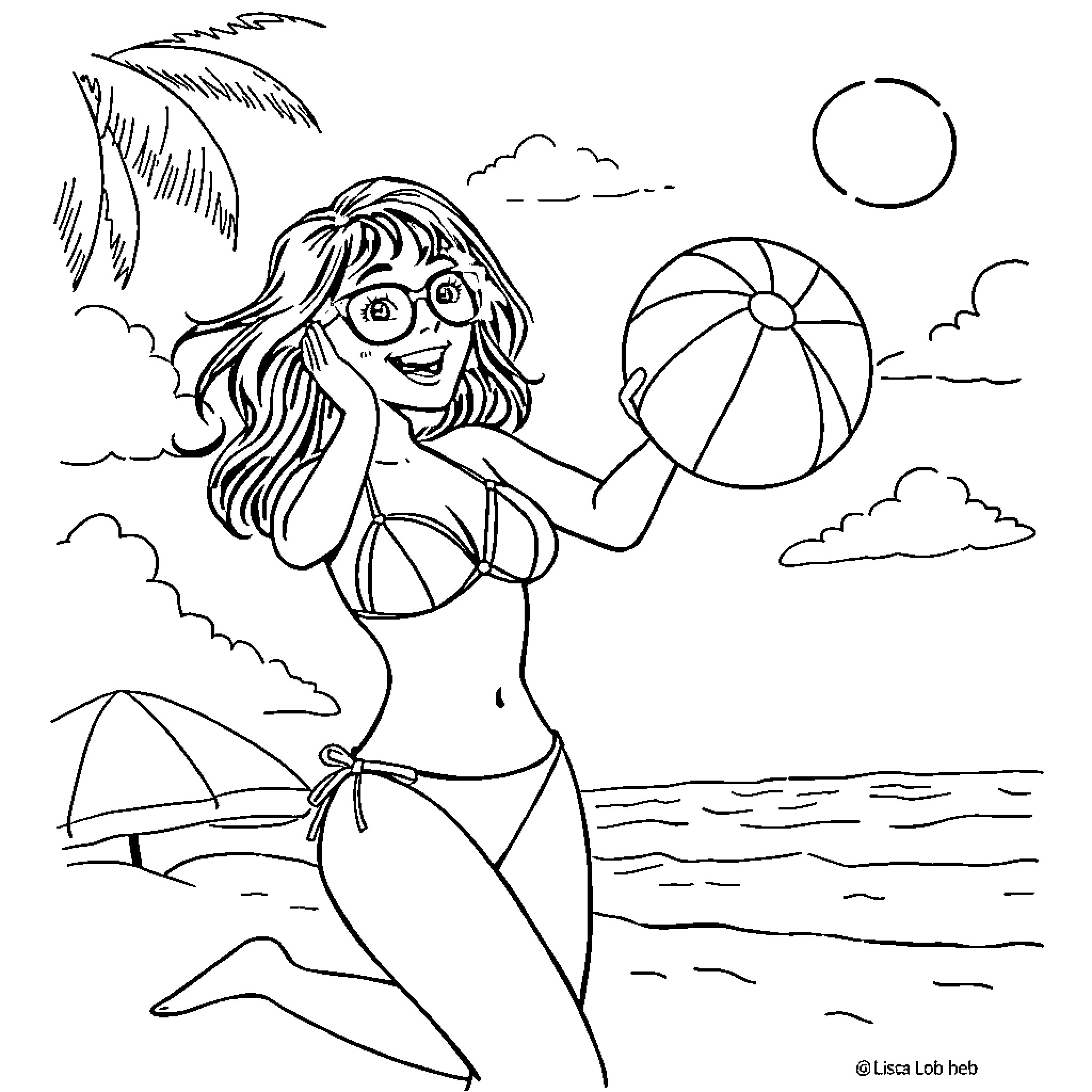 Lisa Loeb enjoying a sunny beach day Coloring Page (free black-and-white line drawing printable PDF for all, from beginners to advanced learners, including children, teens, adults, and seniors)