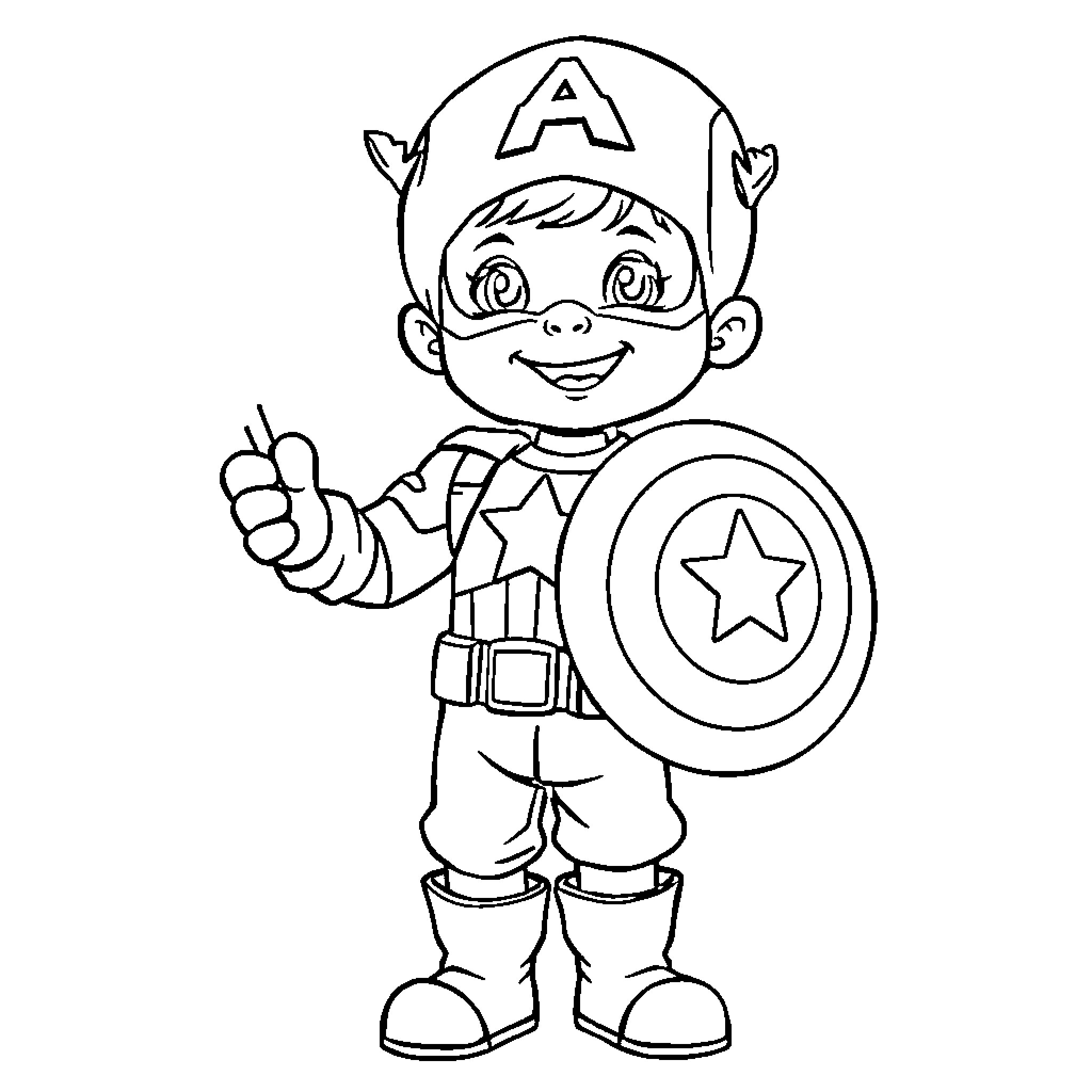 Captain America Cartoon Boy in Superhero Costume Coloring Page (free black-and-white line drawing printable PDF for all, from beginners to advanced learners, including children, teens, adults, and seniors)
