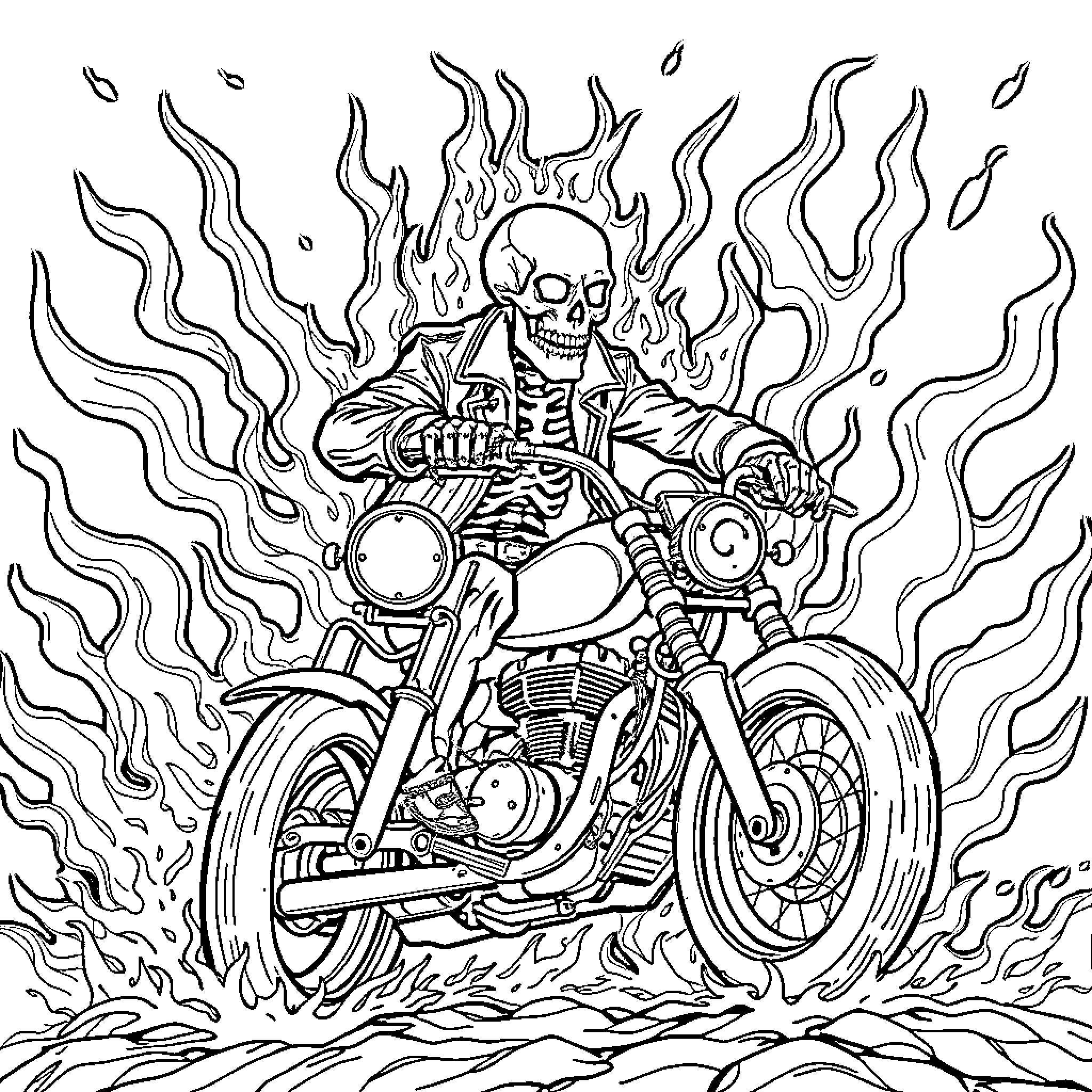 Skeleton riding a flaming motorcycle Coloring Page (free black-and-white line drawing printable PDF for all, from beginners to advanced learners, including children, teens, adults, and seniors)