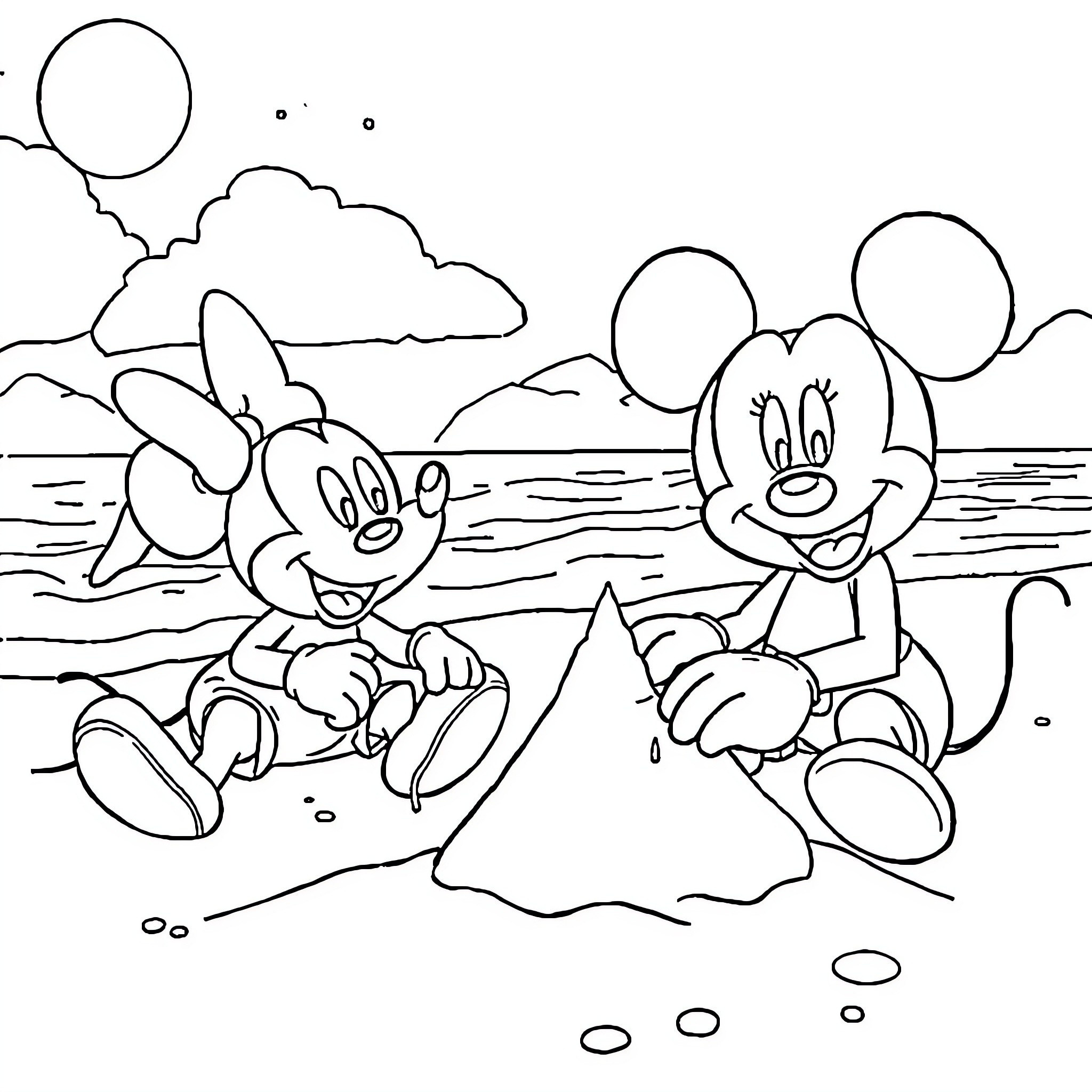 Mickey Mouse and Minnie Mouse at the Beach Coloring Page (free black-and-white line drawing printable PDF for all, from beginners to advanced learners, including children, teens, adults, and seniors)
