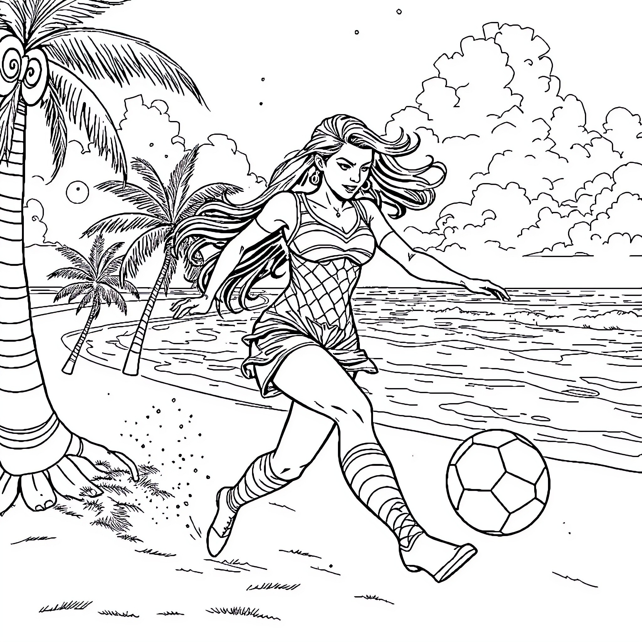 Mujer Maravilla playing soccer on tropical beach Coloring Page (free black-and-white line drawing printable PDF for all, from beginners to advanced learners, including children, teens, adults, and seniors)