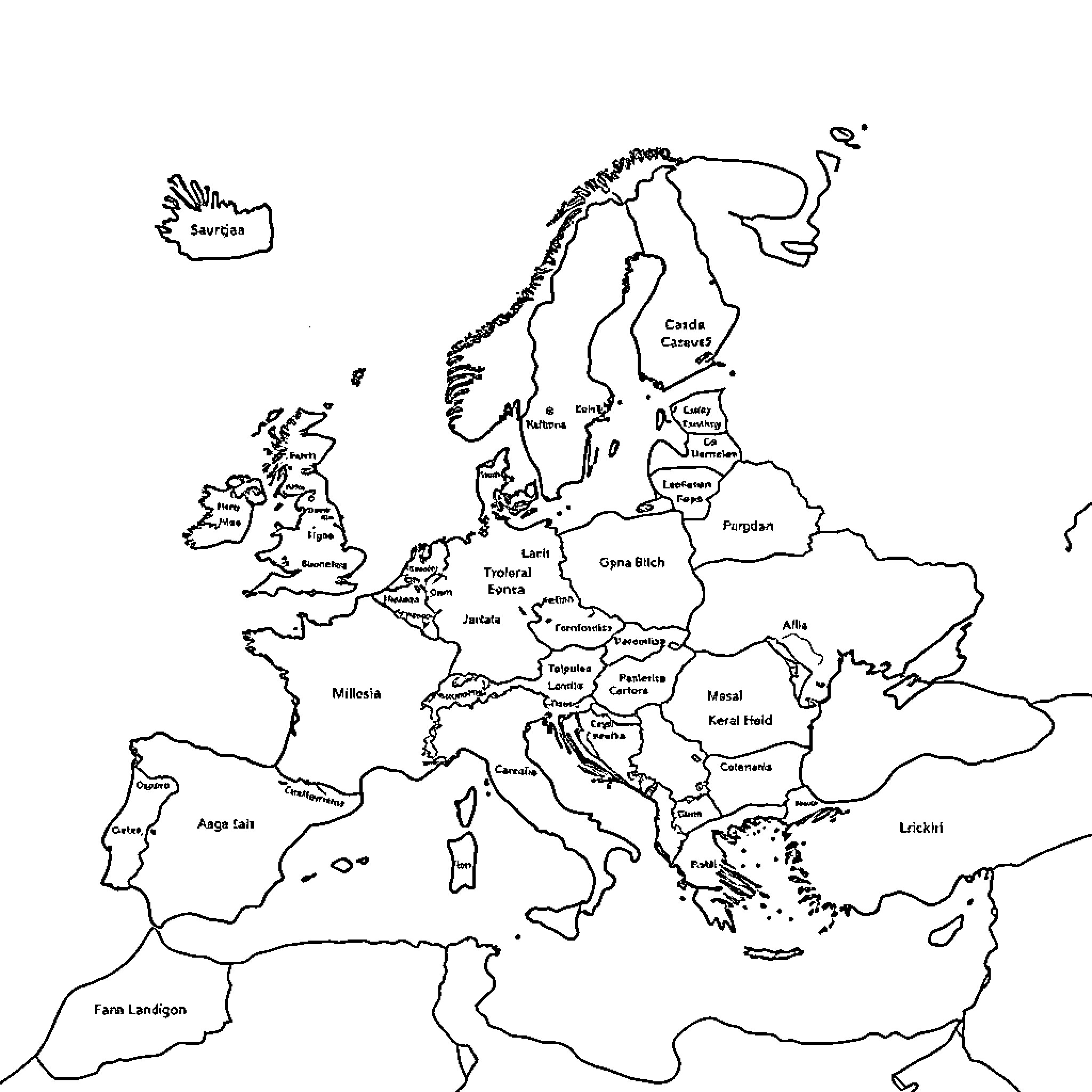Europe: Outline map showing countries and borders Coloring Page (free black-and-white line drawing printable PDF for all, from beginners to advanced learners, including children, teens, adults, and seniors)