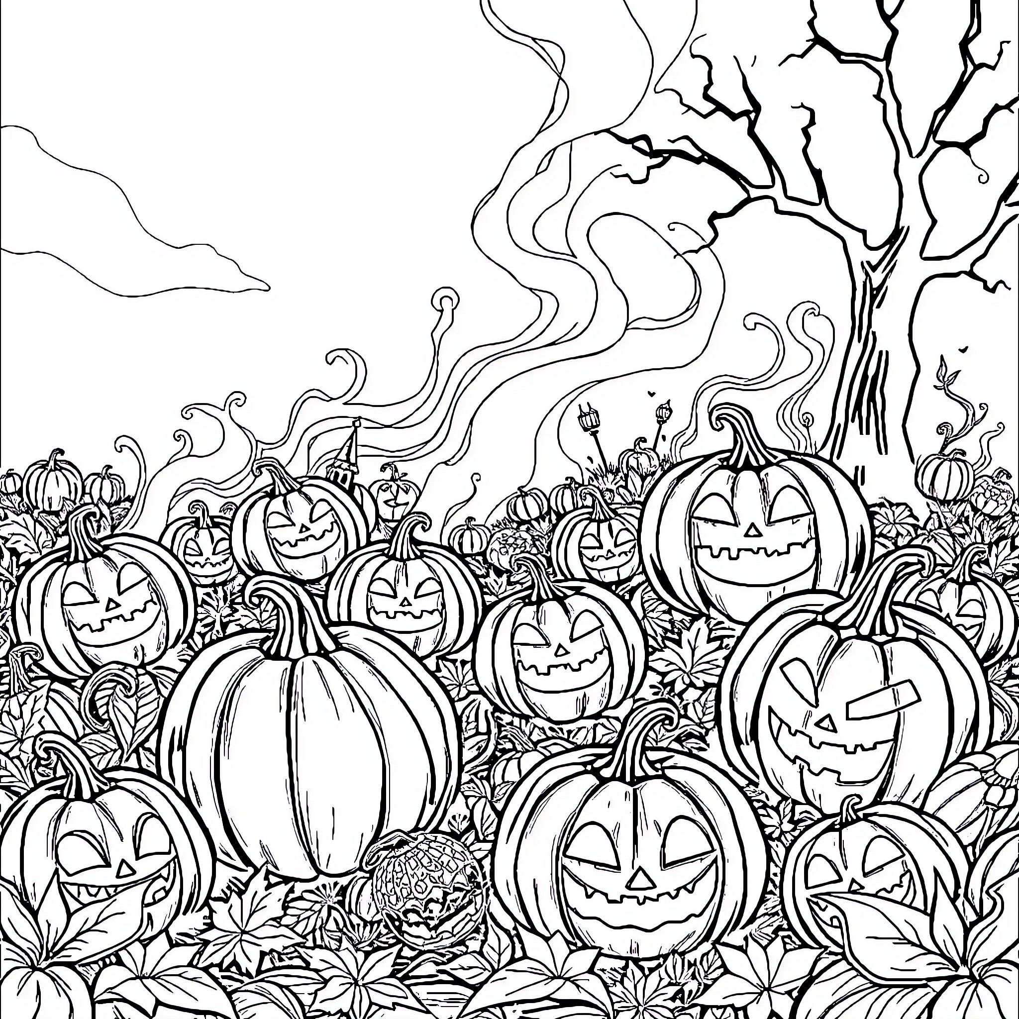 Pumpkin Patch Celebration with Carved Faces Coloring Page (free black-and-white line drawing printable PDF for all, from beginners to advanced learners, including children, teens, adults, and seniors)