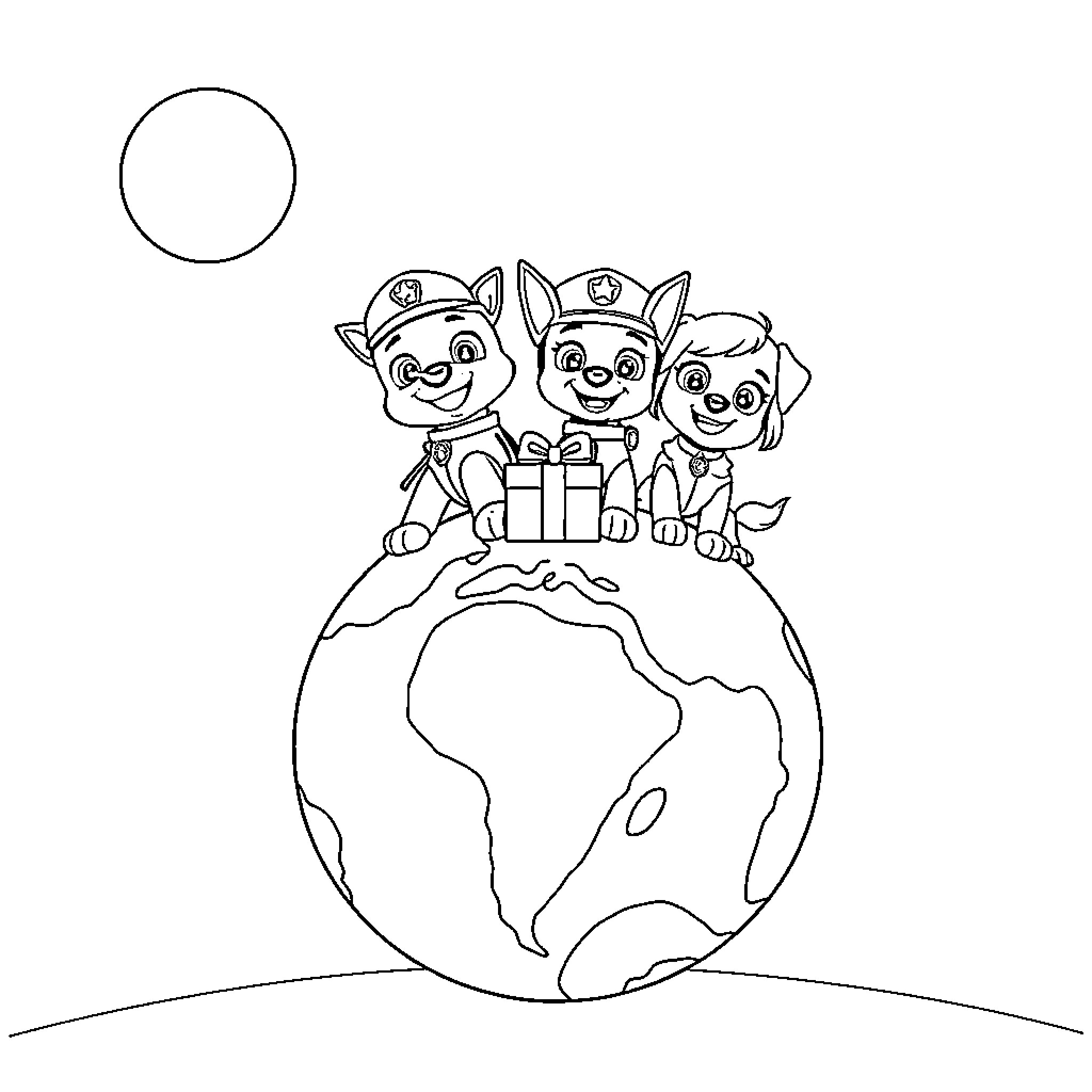 Paw Patrol characters exploring the world Coloring Page (free black-and-white line drawing printable PDF for all, from beginners to advanced learners, including children, teens, adults, and seniors)