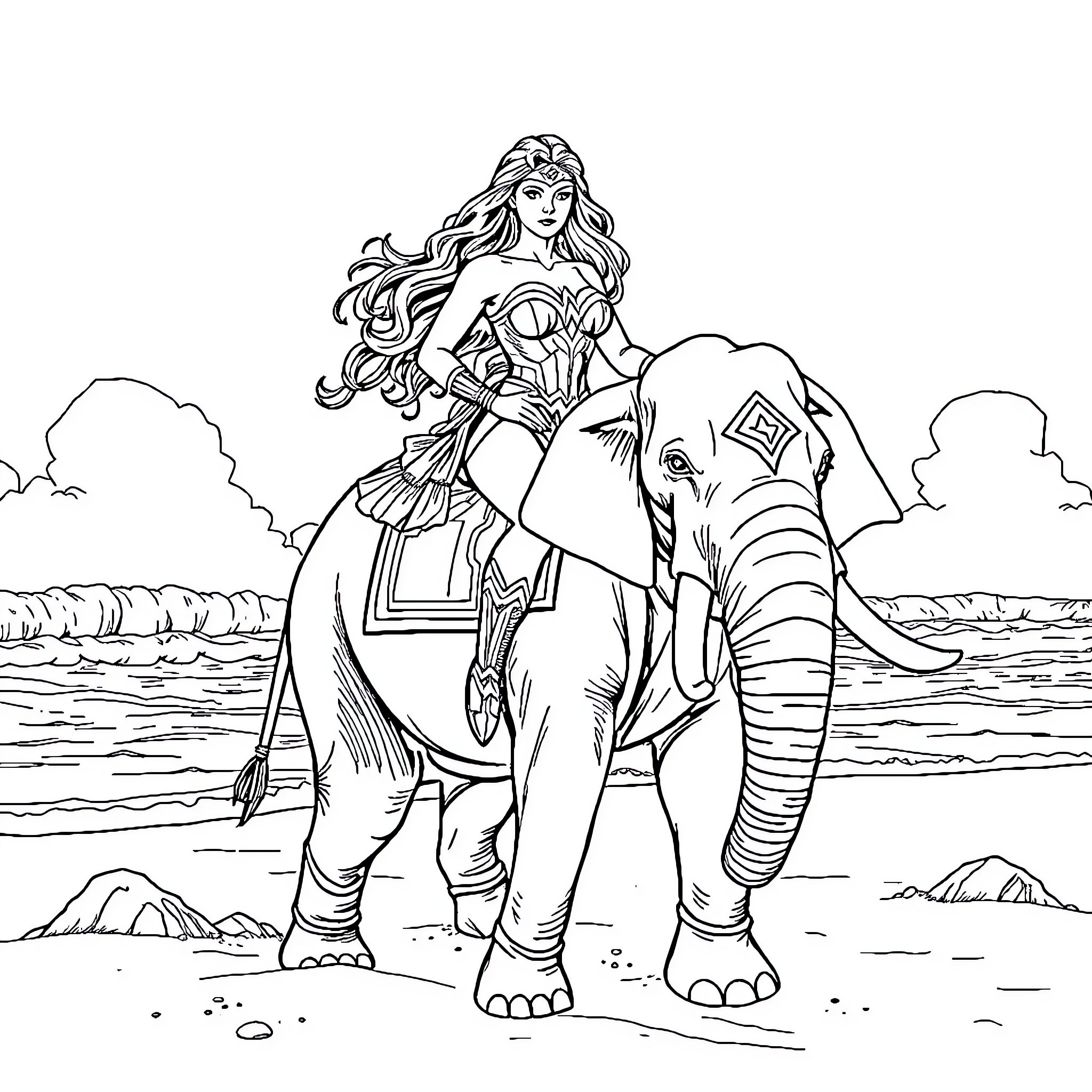Wonder Woman riding an elephant on the beach Coloring Page (free black-and-white line drawing printable PDF for all, from beginners to advanced learners, including children, teens, adults, and seniors)