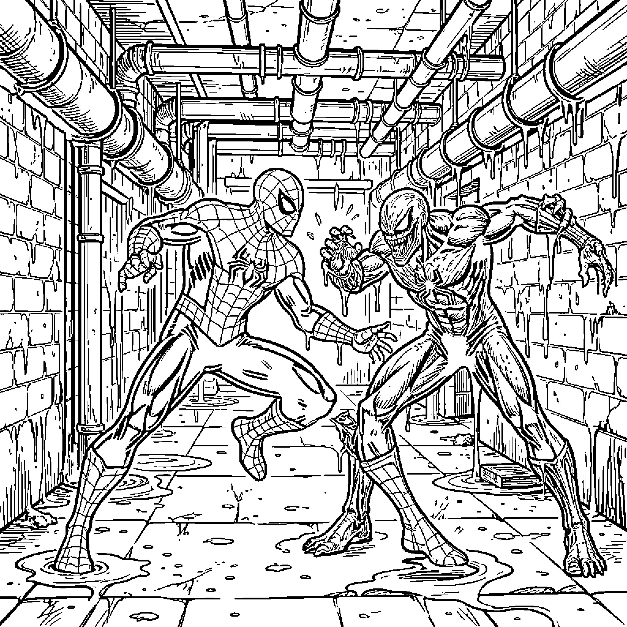 Spiderman battling a menacing creature in a sewer Coloring Page (free black-and-white line drawing printable PDF for all, from beginners to advanced learners, including children, teens, adults, and seniors)