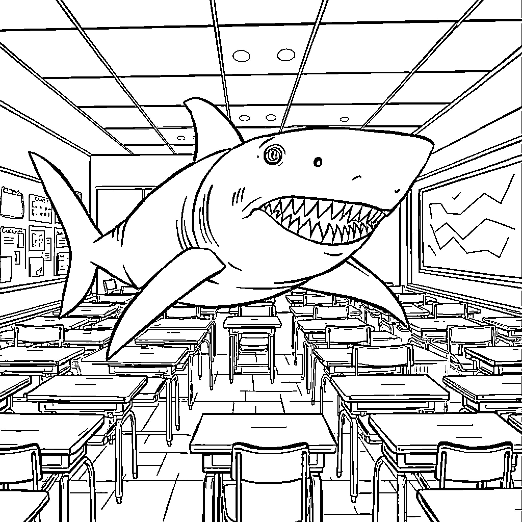 Shark Invades Classroom Coloring Page (free black-and-white line drawing printable PDF for all, from beginners to advanced learners, including children, teens, adults, and seniors)