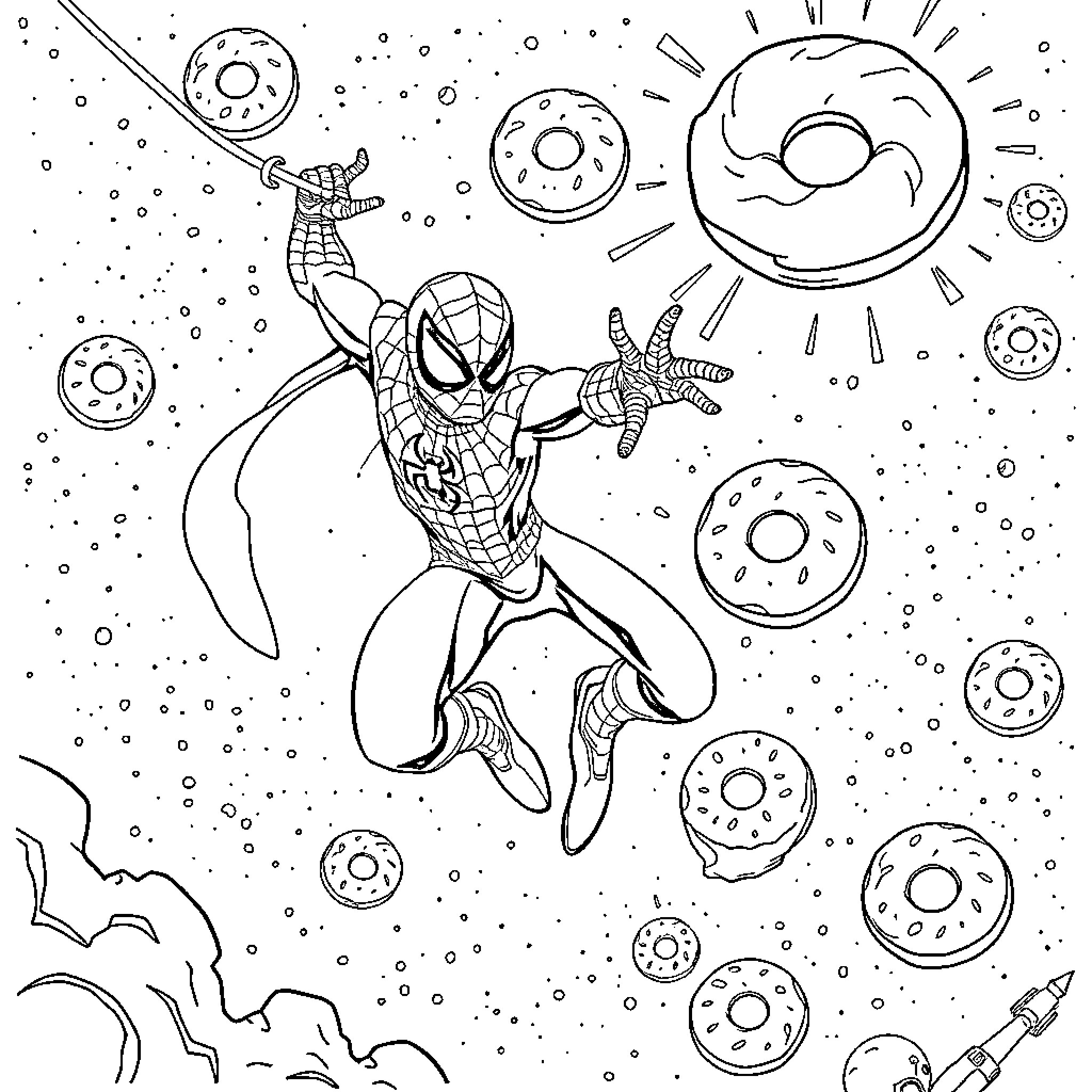 Spiderman swinging through a cosmic donut-filled space Coloring Page (free black-and-white line drawing printable PDF for all, from beginners to advanced learners, including children, teens, adults, and seniors)