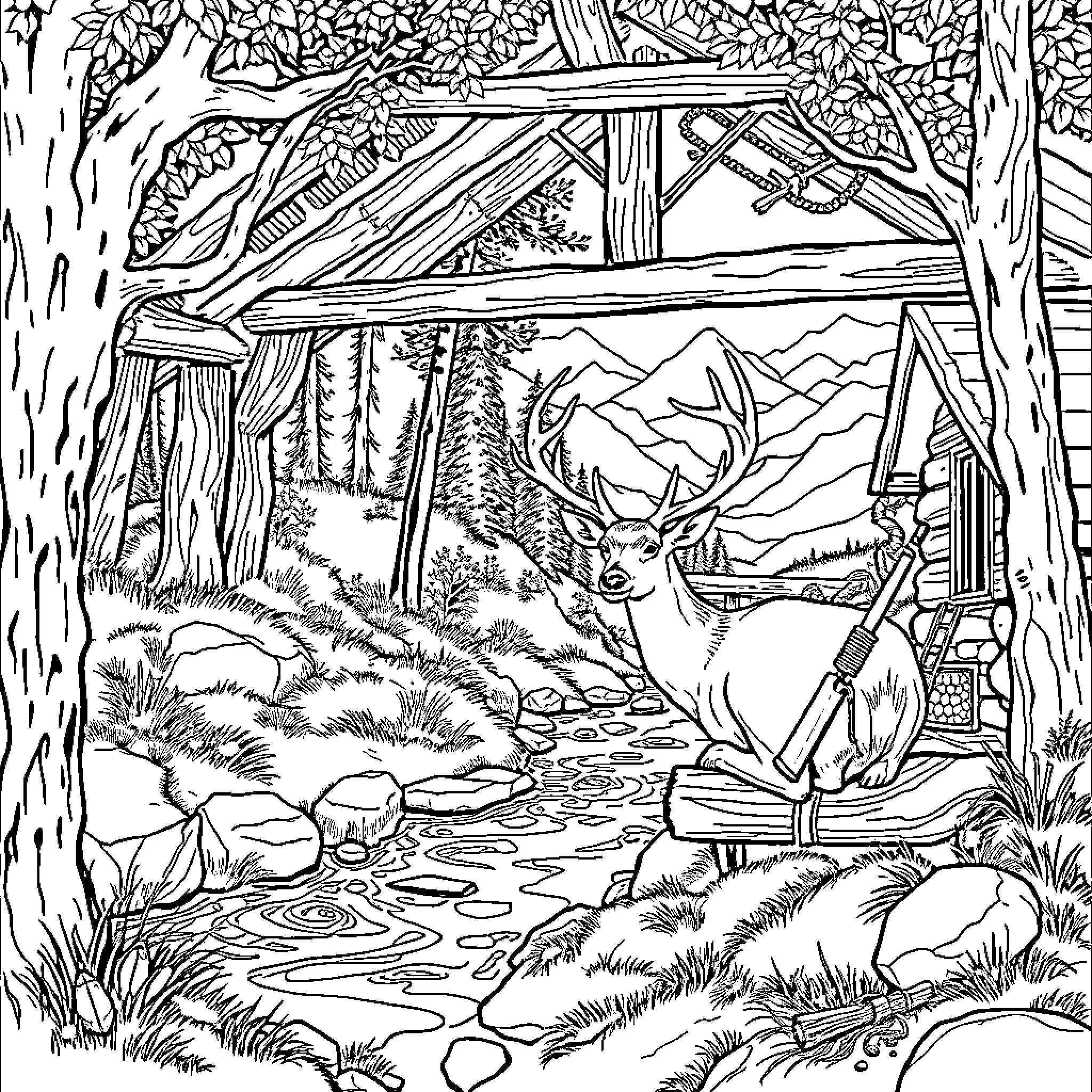 Deer in the rustic forest cabin scene Coloring Page (free black-and-white line drawing printable PDF for all, from beginners to advanced learners, including children, teens, adults, and seniors)