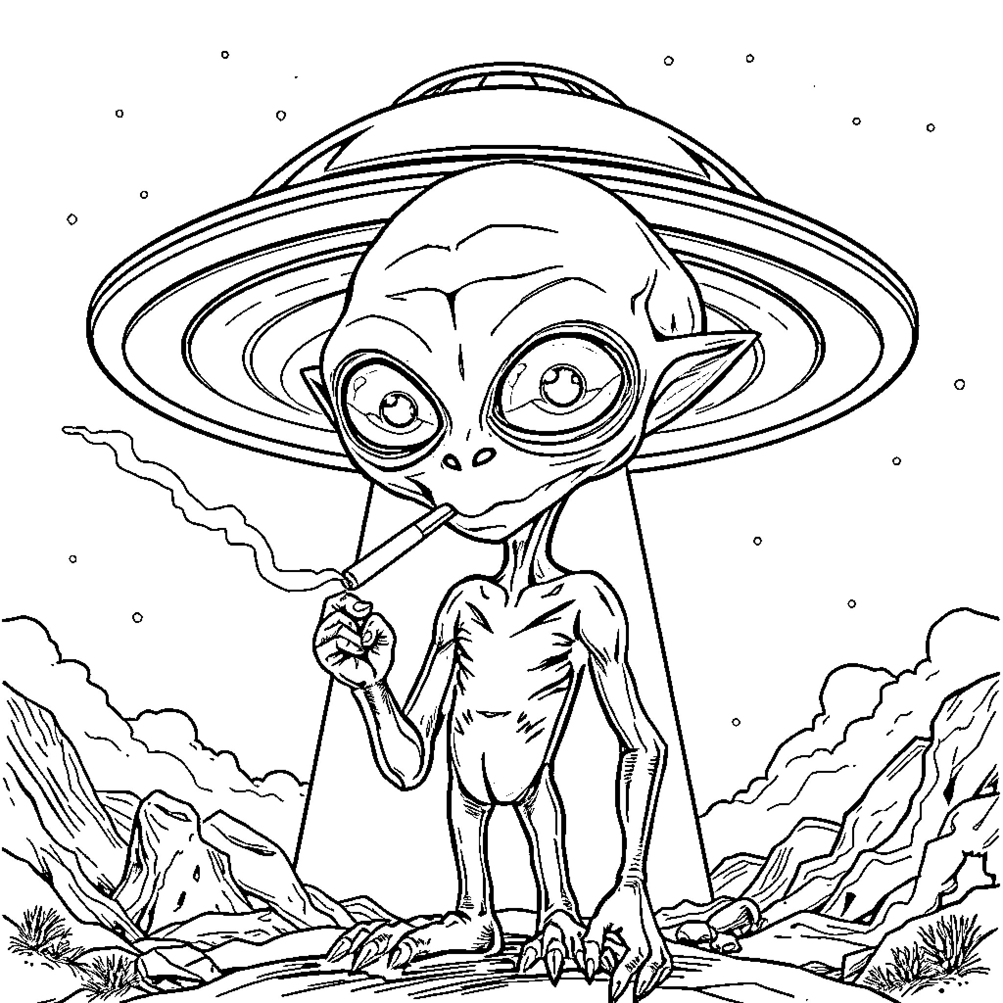 Extraterrestrial Alien Exploring Mysterious Landscape Coloring Page (free black-and-white line drawing printable PDF for all, from beginners to advanced learners, including children, teens, adults, and seniors)