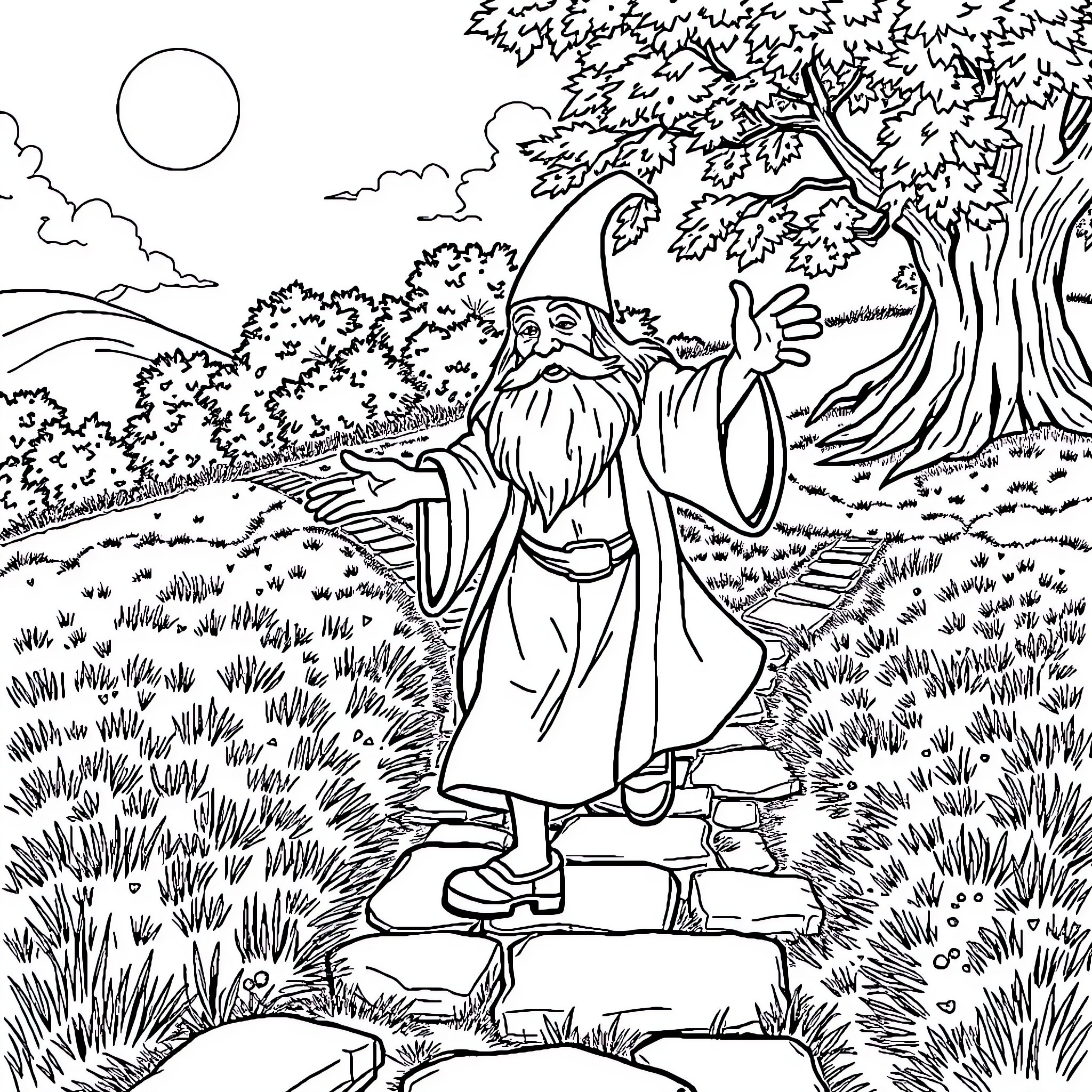 Gandalf the Wizard Exploring the Enchanted Forest Coloring Page (free black-and-white line drawing printable PDF for all, from beginners to advanced learners, including children, teens, adults, and seniors)