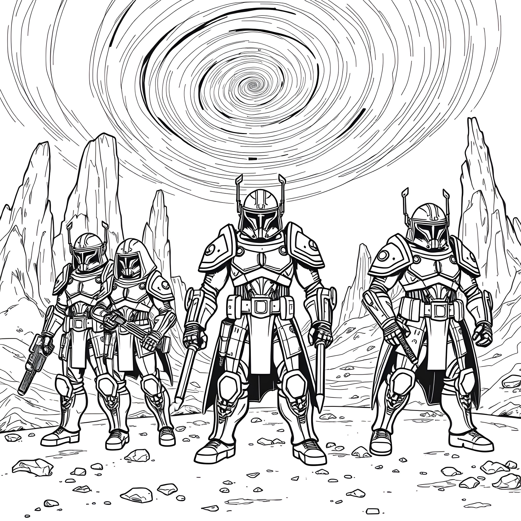 Star Wars Armored Troopers March Across Alien Landscape Coloring Page (free black-and-white line drawing printable PDF for all, from beginners to advanced learners, including children, teens, adults, and seniors)