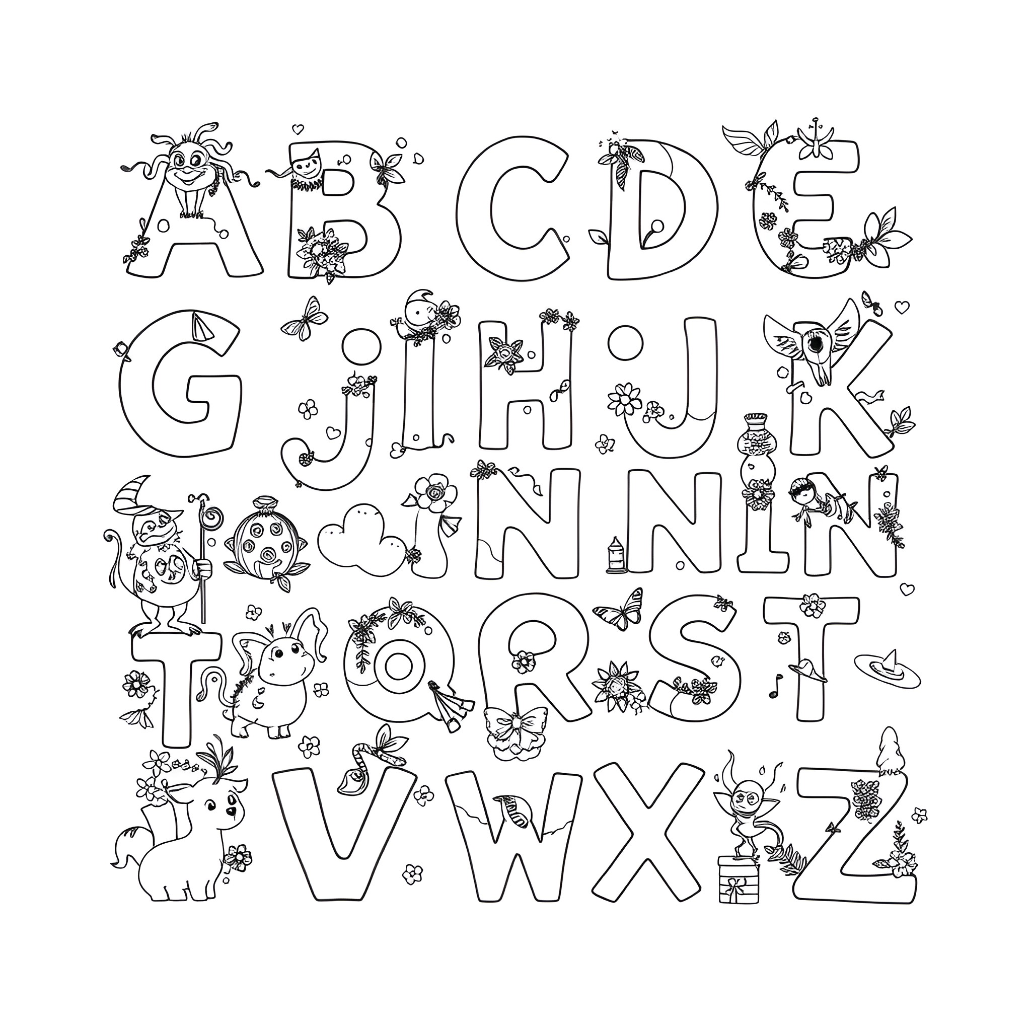 ABC Doodle Artistic Alphabet Characters Coloring Page (free black-and-white line drawing printable PDF for all, from beginners to advanced learners, including children, teens, adults, and seniors)