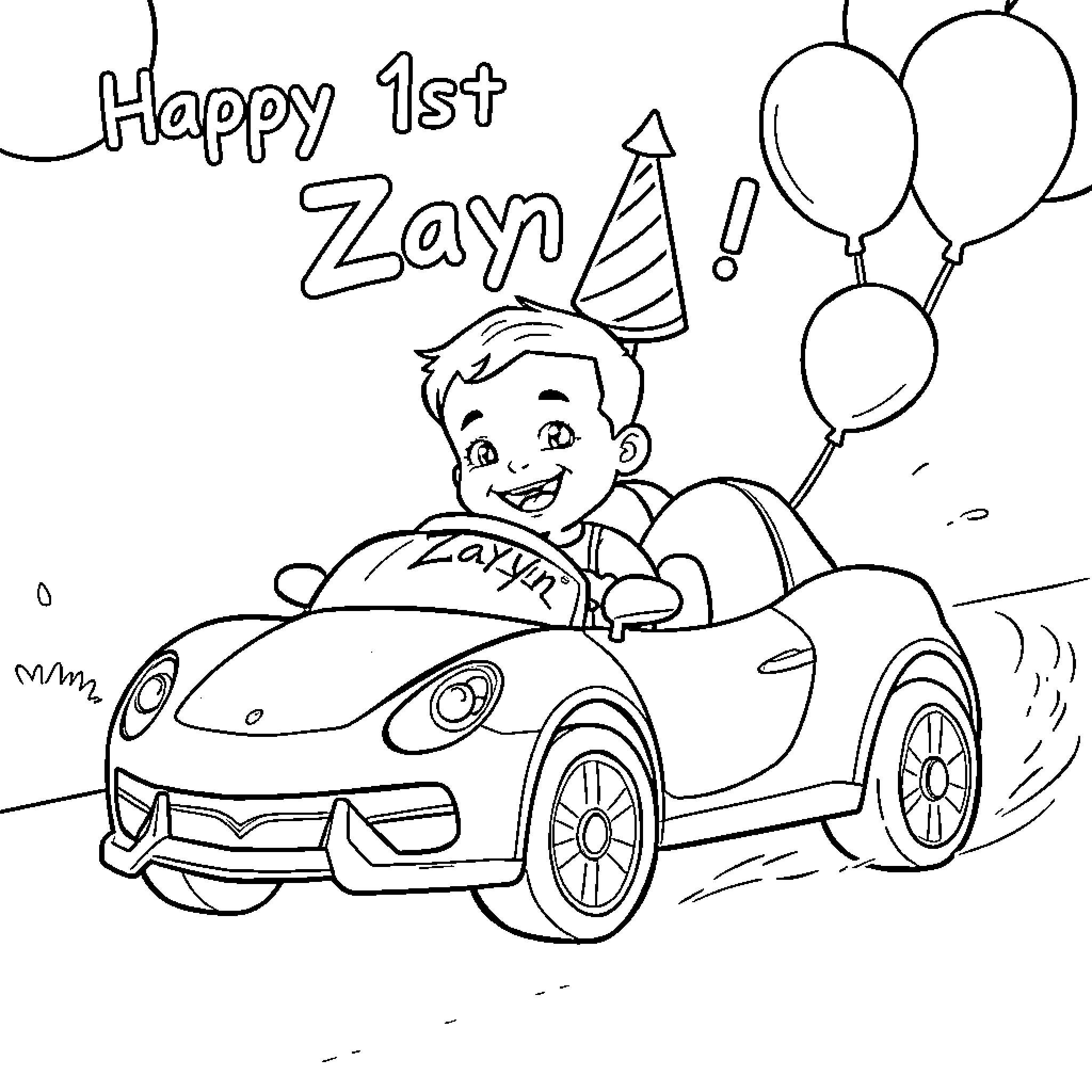 Car driven by a happy boy celebrating his birthday Coloring Page (free black-and-white line drawing printable PDF for all, from beginners to advanced learners, including children, teens, adults, and seniors)
