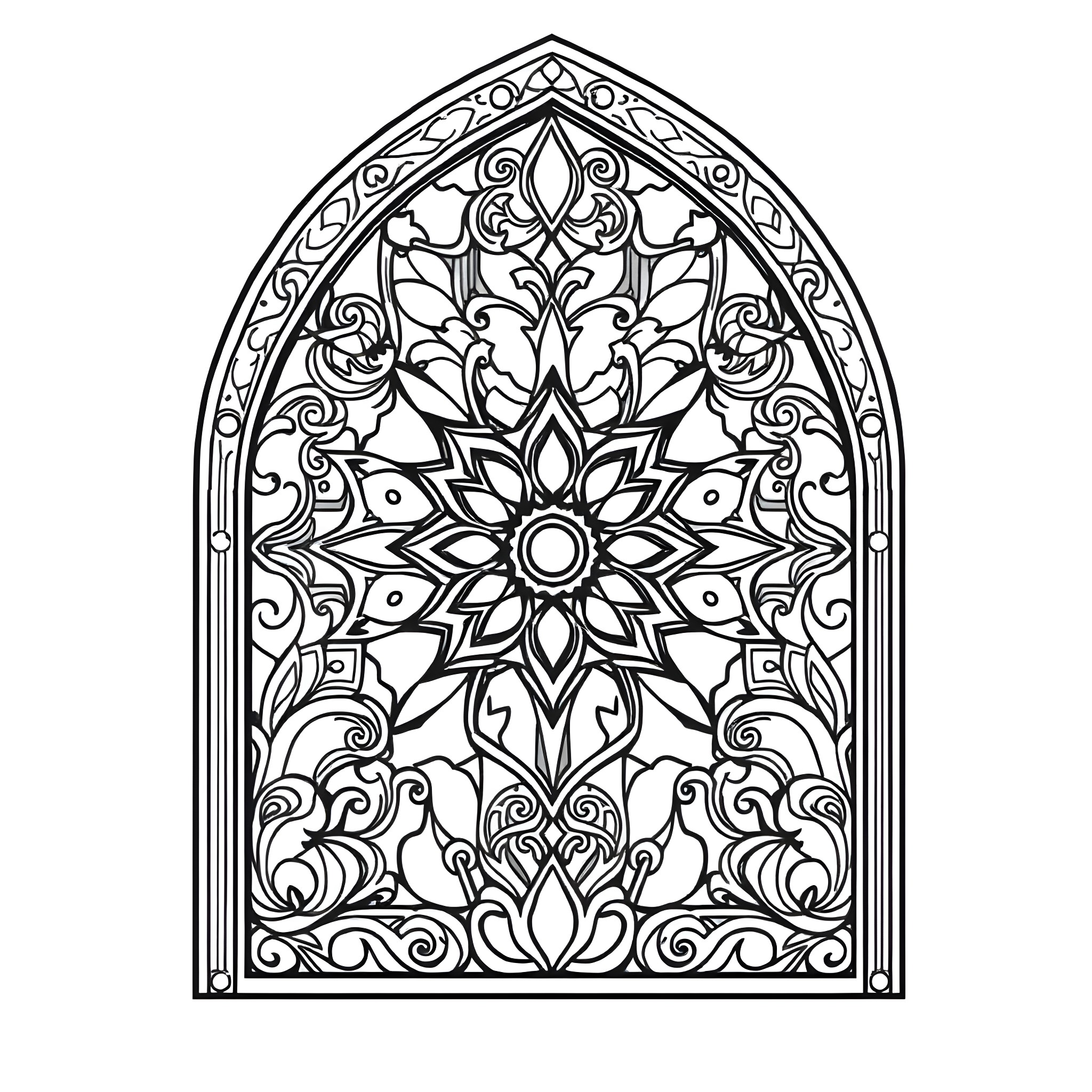 Stained Glass Mandala Design with Ornate Patterns Coloring Page (free black-and-white line drawing printable PDF for all, from beginners to advanced learners, including children, teens, adults, and seniors)