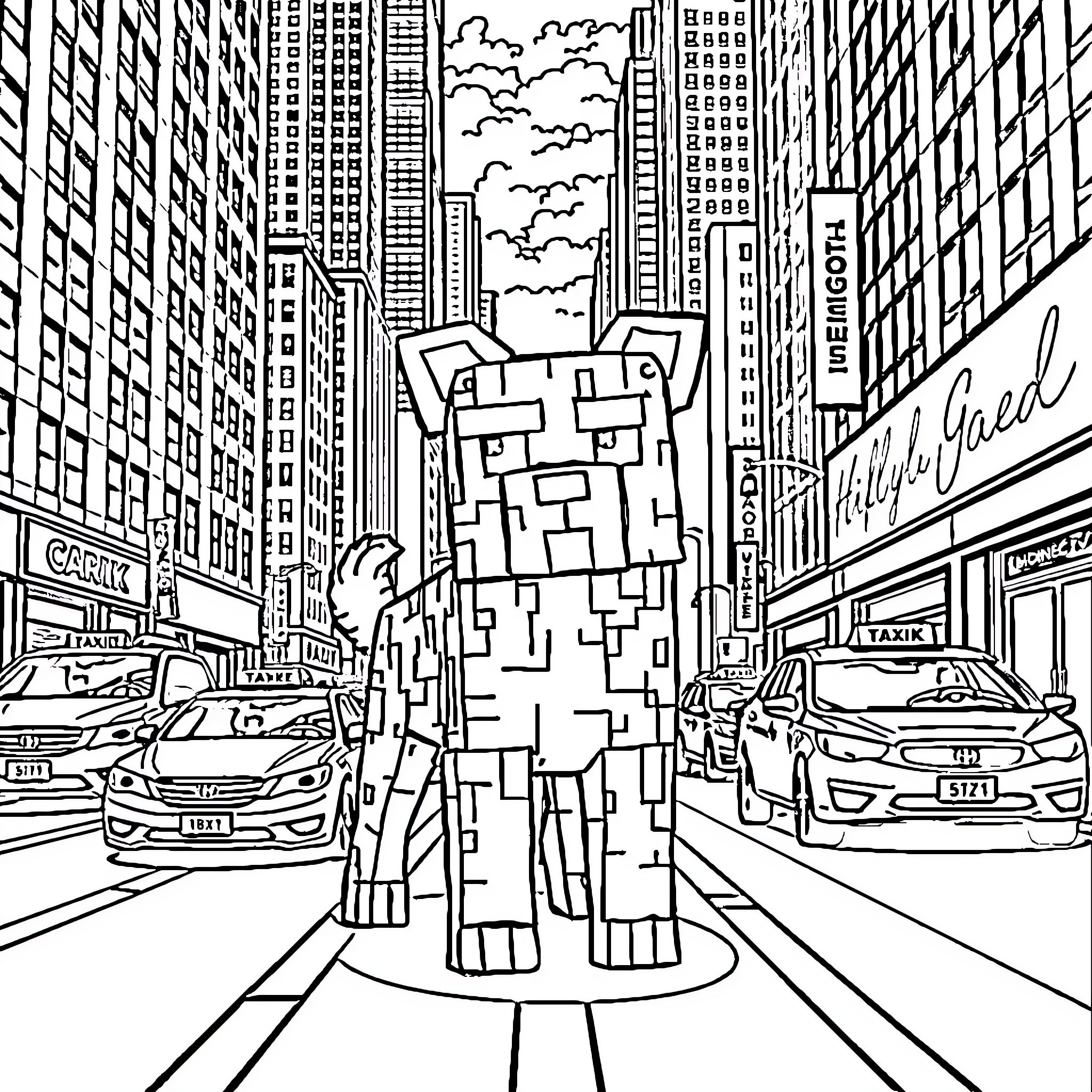 Dog exploring the bustling city streets Coloring Page (free black-and-white line drawing printable PDF for all, from beginners to advanced learners, including children, teens, adults, and seniors)