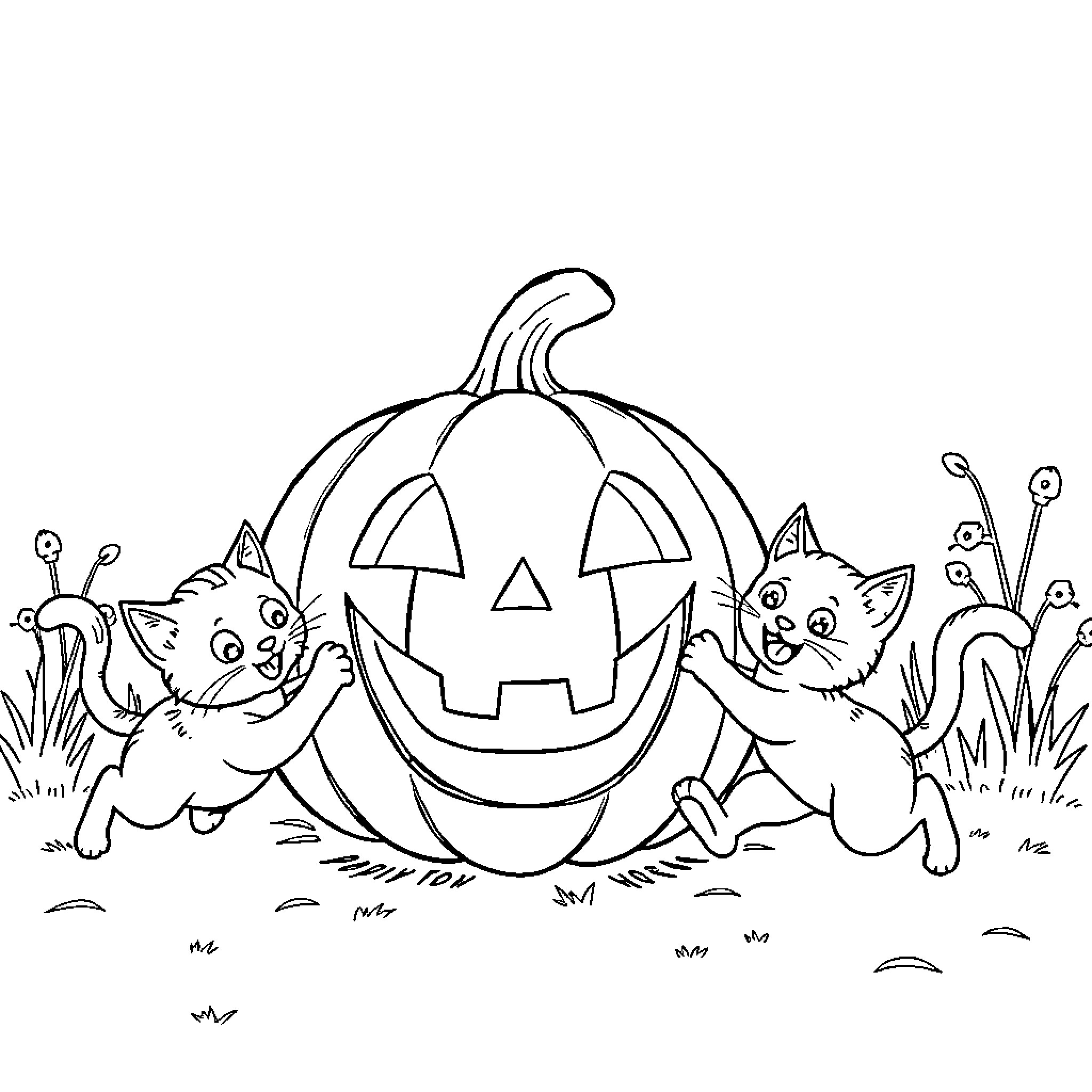 Cat friends exploring Halloween pumpkin Coloring Page (free black-and-white line drawing printable PDF for all, from beginners to advanced learners, including children, teens, adults, and seniors)