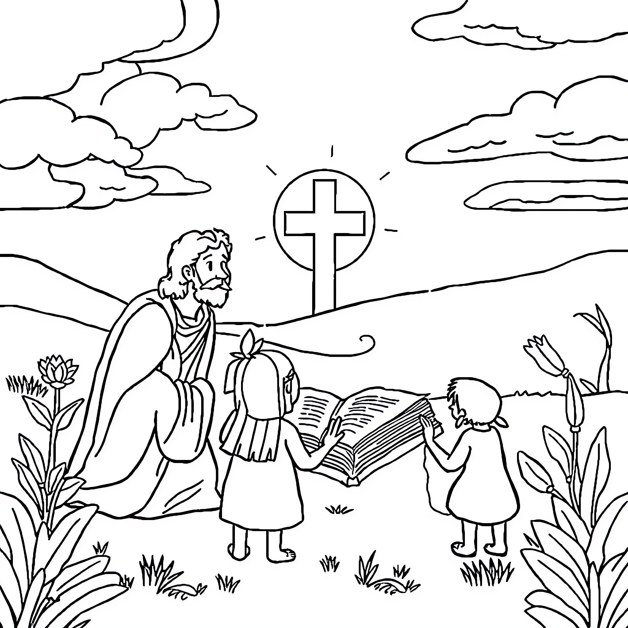 Bible scene of Jesus teaching children in the countryside Coloring Page (free black-and-white line drawing printable PDF for all, from beginners to advanced learners, including children, teens, adults, and seniors)
