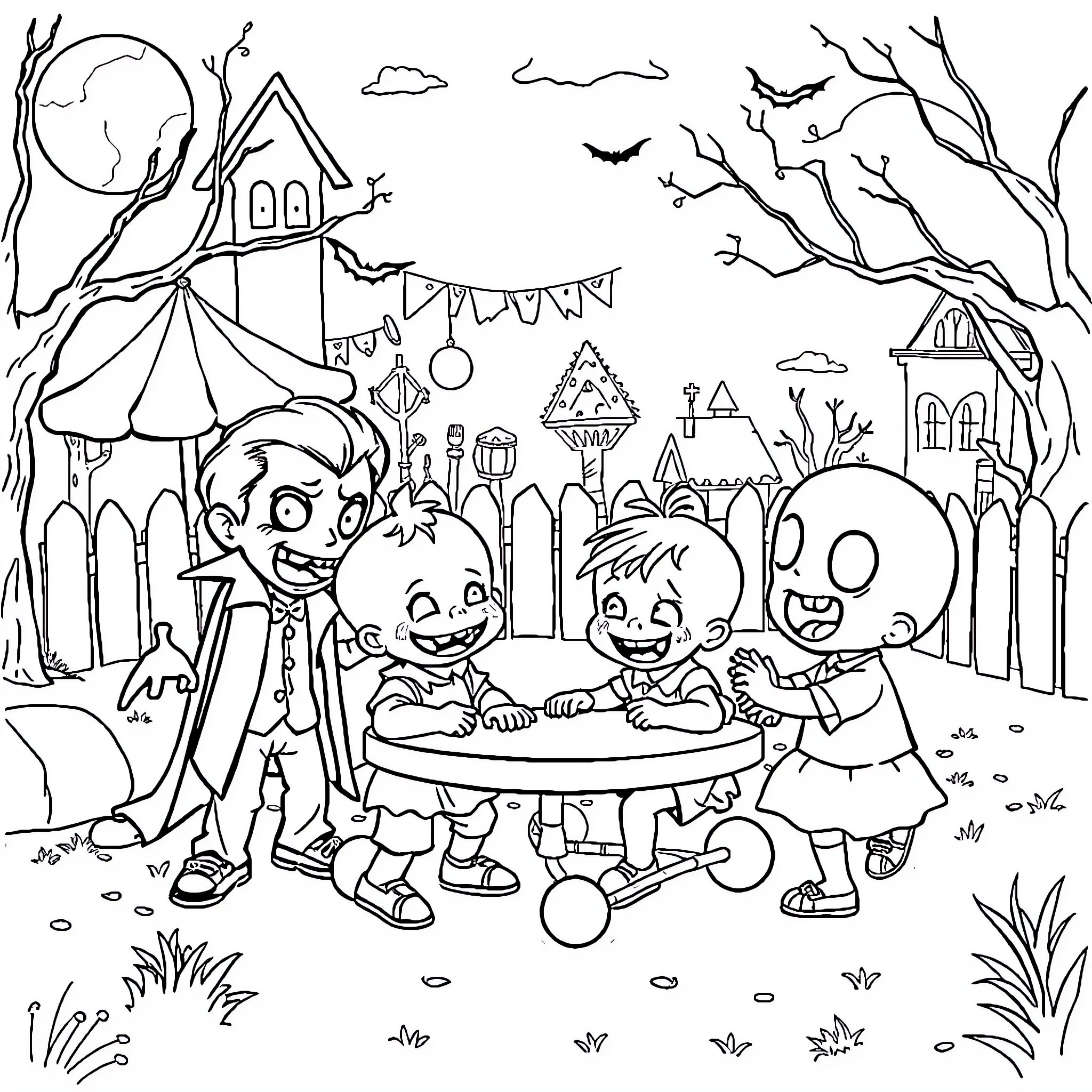 Horror Character Trio Trick-or-Treating in Spooky Neighborhood Coloring Page (free black-and-white line drawing printable PDF for all, from beginners to advanced learners, including children, teens, adults, and seniors)