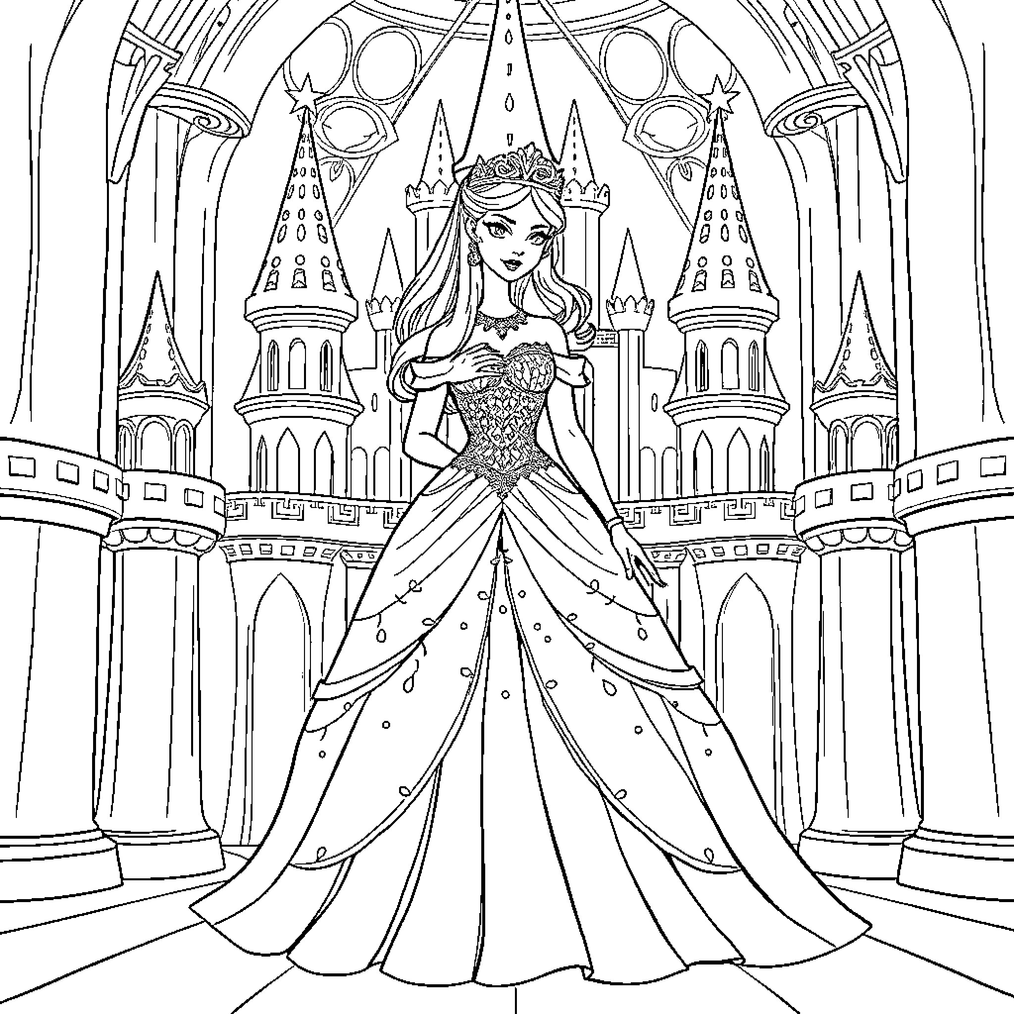 Princess in a Magnificent Castle Coloring Page (free black-and-white line drawing printable PDF for all, from beginners to advanced learners, including children, teens, adults, and seniors)