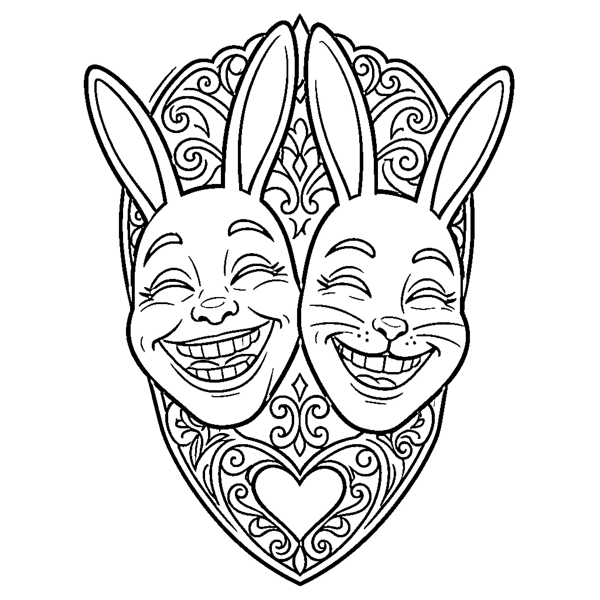 Rabbit masks with ornate patterns Coloring Page (free black-and-white line drawing printable PDF for all, from beginners to advanced learners, including children, teens, adults, and seniors)