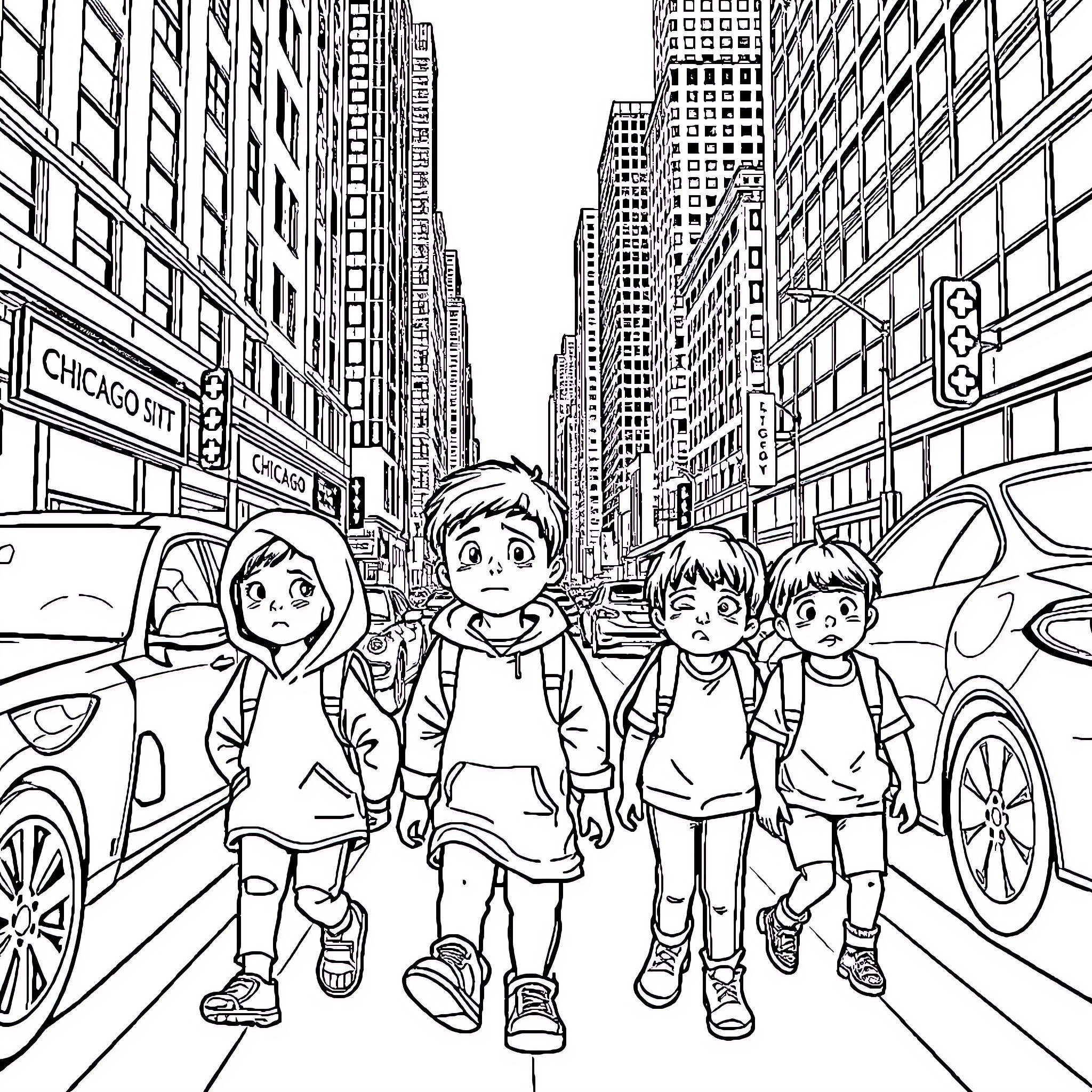 Child Explorers in the Bustling City Coloring Page (free black-and-white line drawing printable PDF for all, from beginners to advanced learners, including children, teens, adults, and seniors)