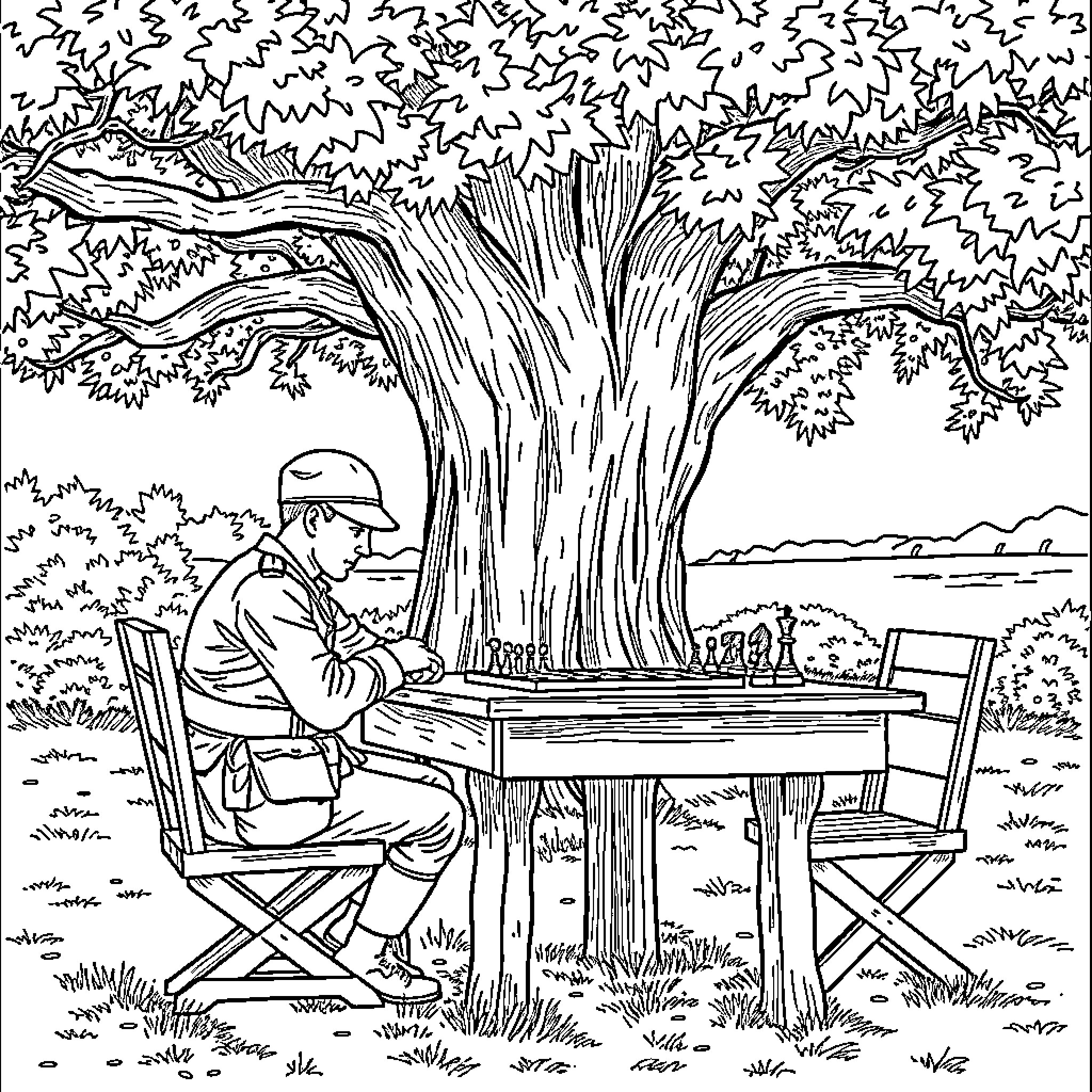 Soldier relaxing and writing in the peaceful outdoors Coloring Page (free black-and-white line drawing printable PDF for all, from beginners to advanced learners, including children, teens, adults, and seniors)