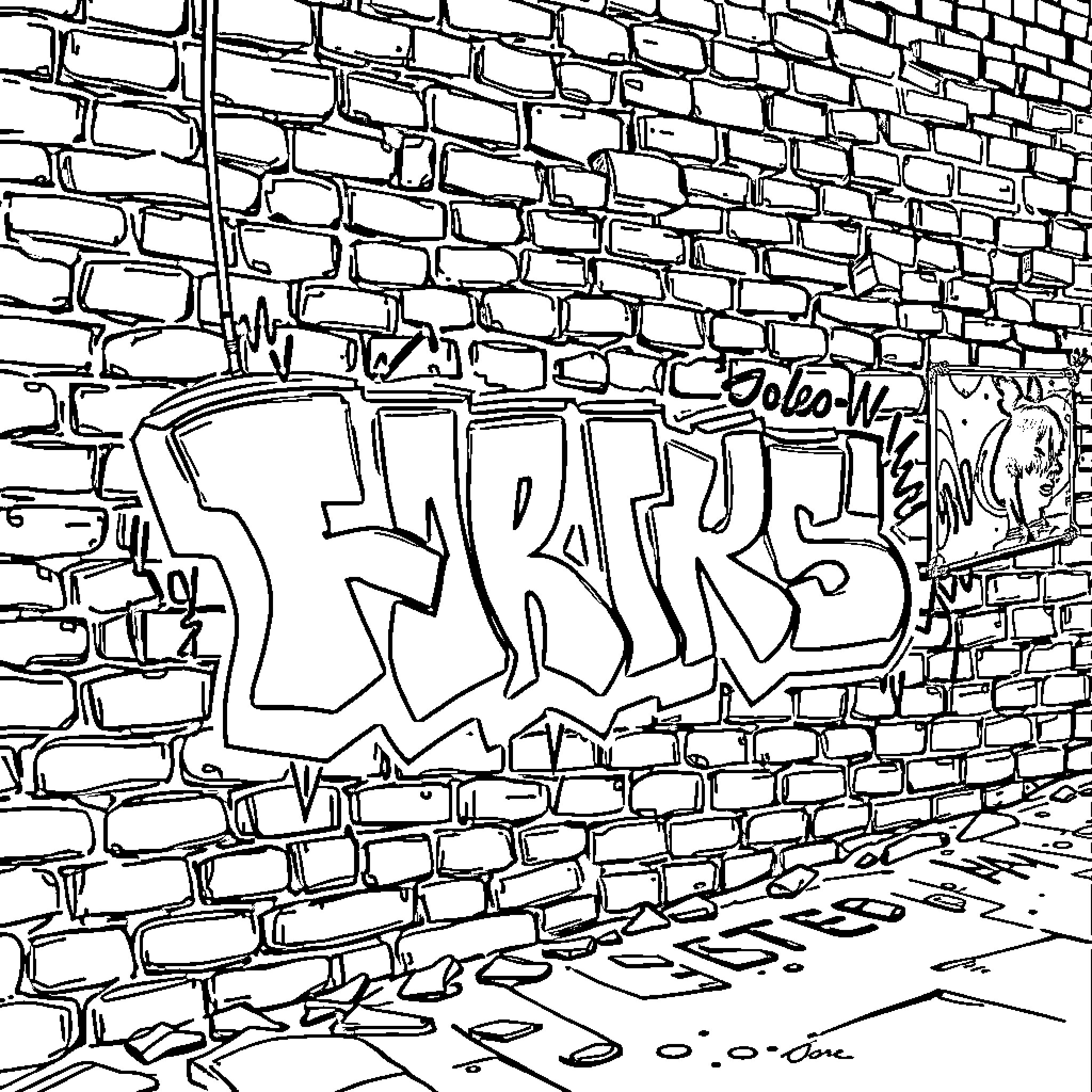 Ghetto Graffiti Wall Art Expression Coloring Page (free black-and-white line drawing printable PDF for all, from beginners to advanced learners, including children, teens, adults, and seniors)