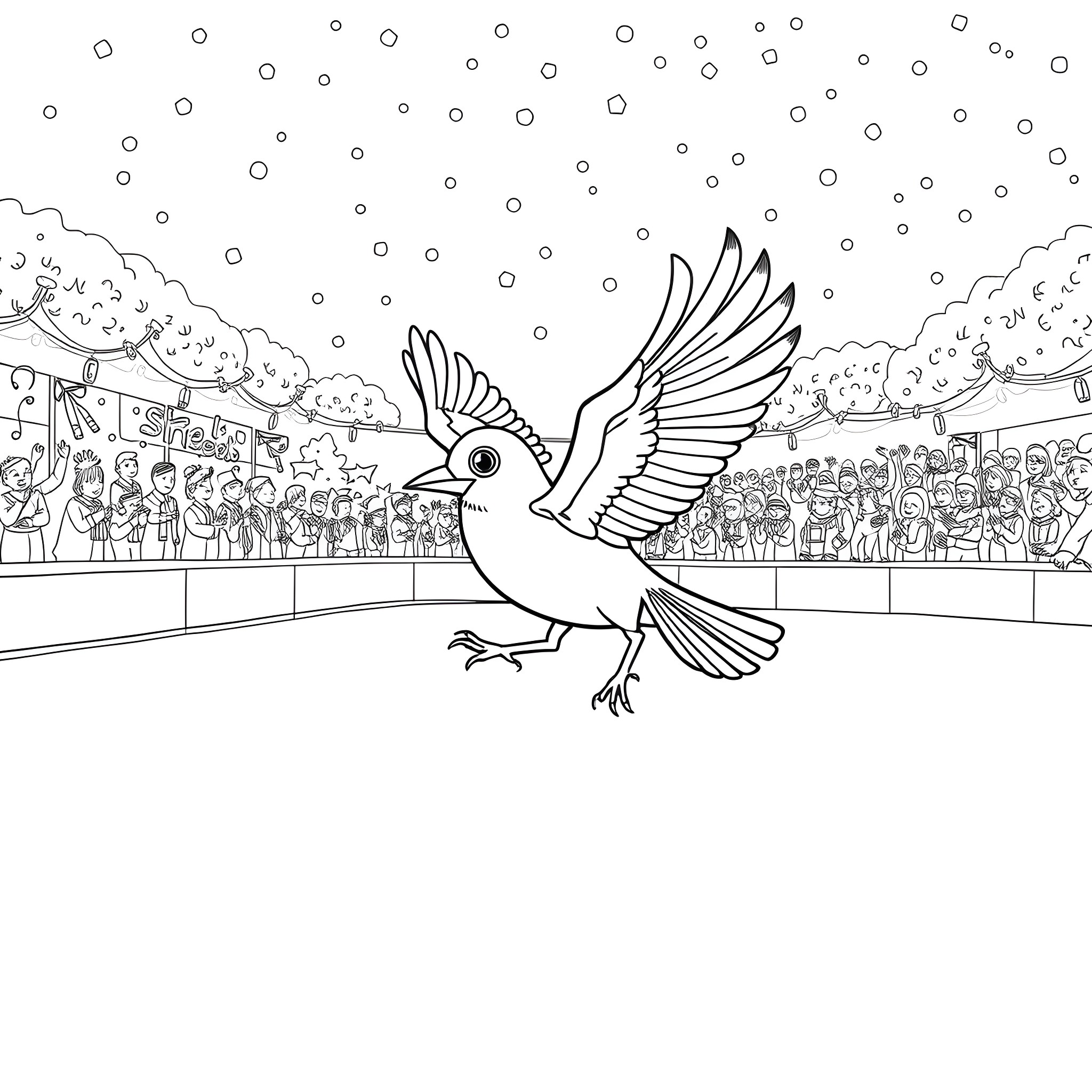 Liverbird soaring above the bustling crowd Coloring Page (free black-and-white line drawing printable PDF for all, from beginners to advanced learners, including children, teens, adults, and seniors)