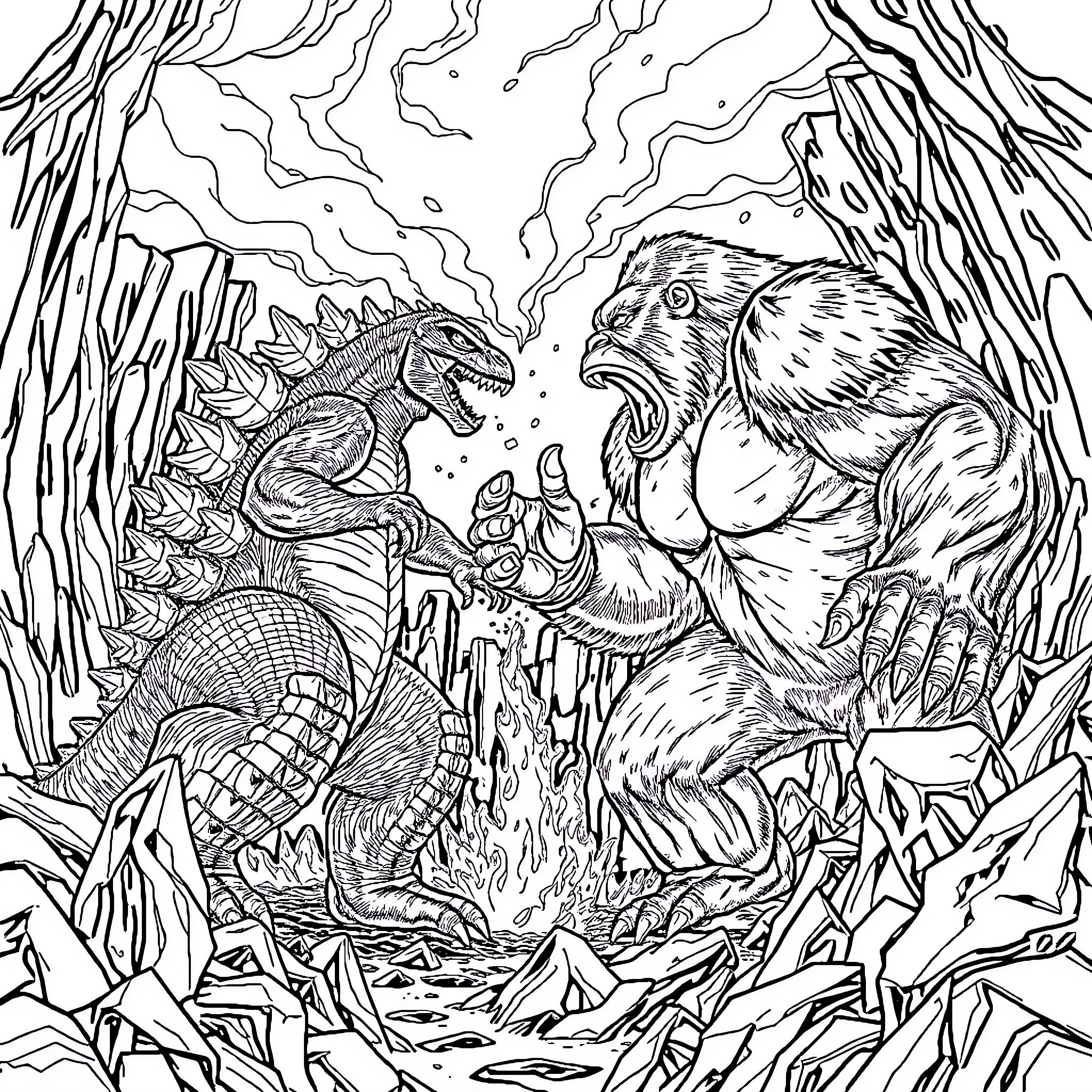 Godzilla battling a fierce creature in a rugged landscape Coloring Page (free black-and-white line drawing printable PDF for all, from beginners to advanced learners, including children, teens, adults, and seniors)