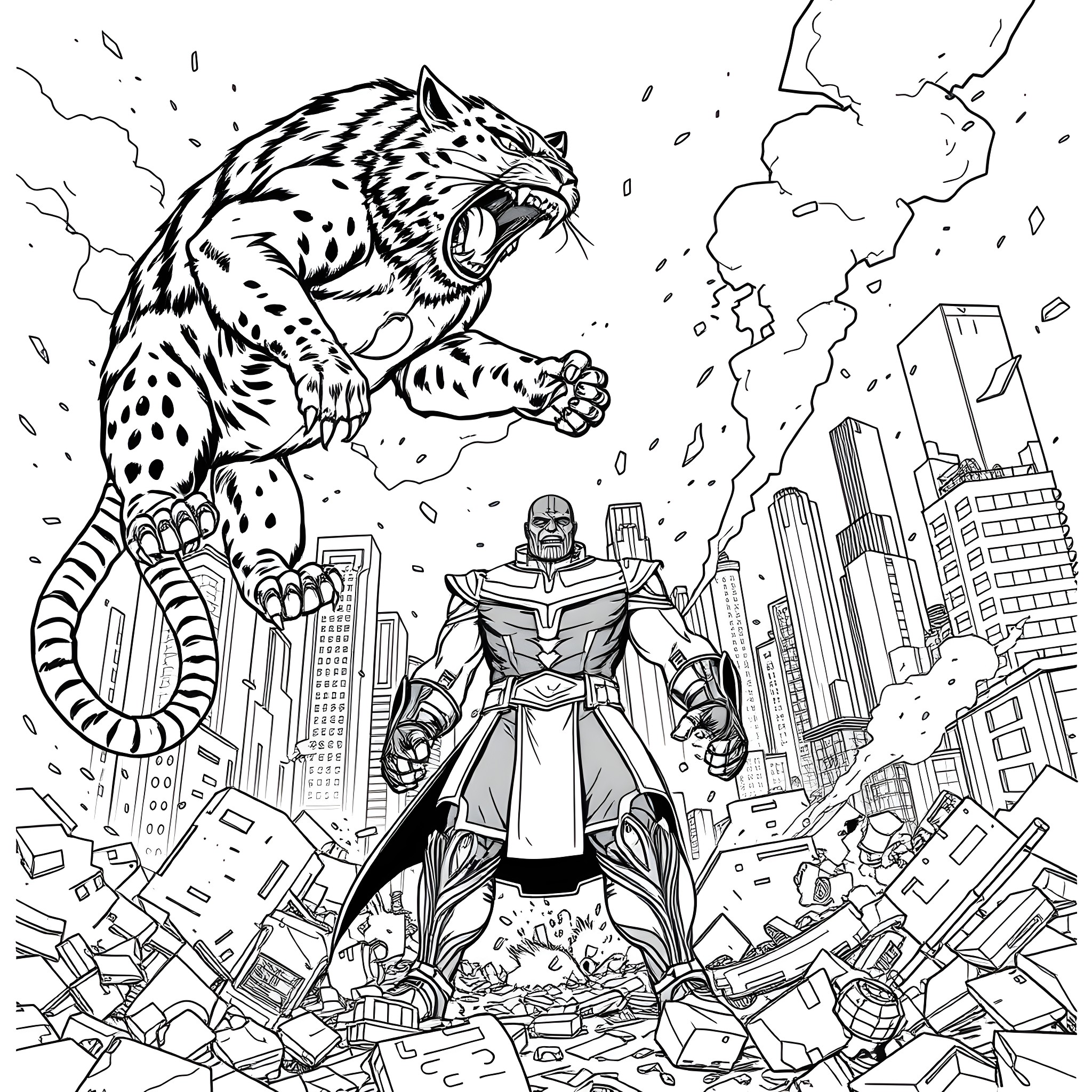 Thanos Facing a Fierce Leopard Creature in a Destroyed City Coloring Page (free black-and-white line drawing printable PDF for all, from beginners to advanced learners, including children, teens, adults, and seniors)