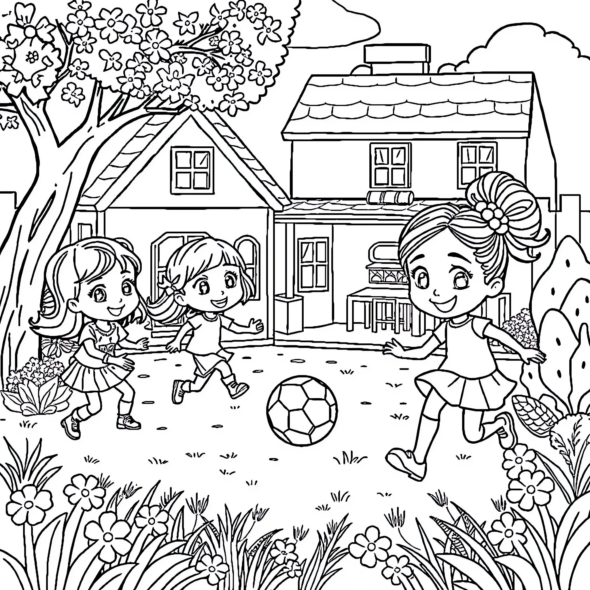 Gabby's Outdoor Adventure with Friends Coloring Page (free black-and-white line drawing printable PDF for all, from beginners to advanced learners, including children, teens, adults, and seniors)