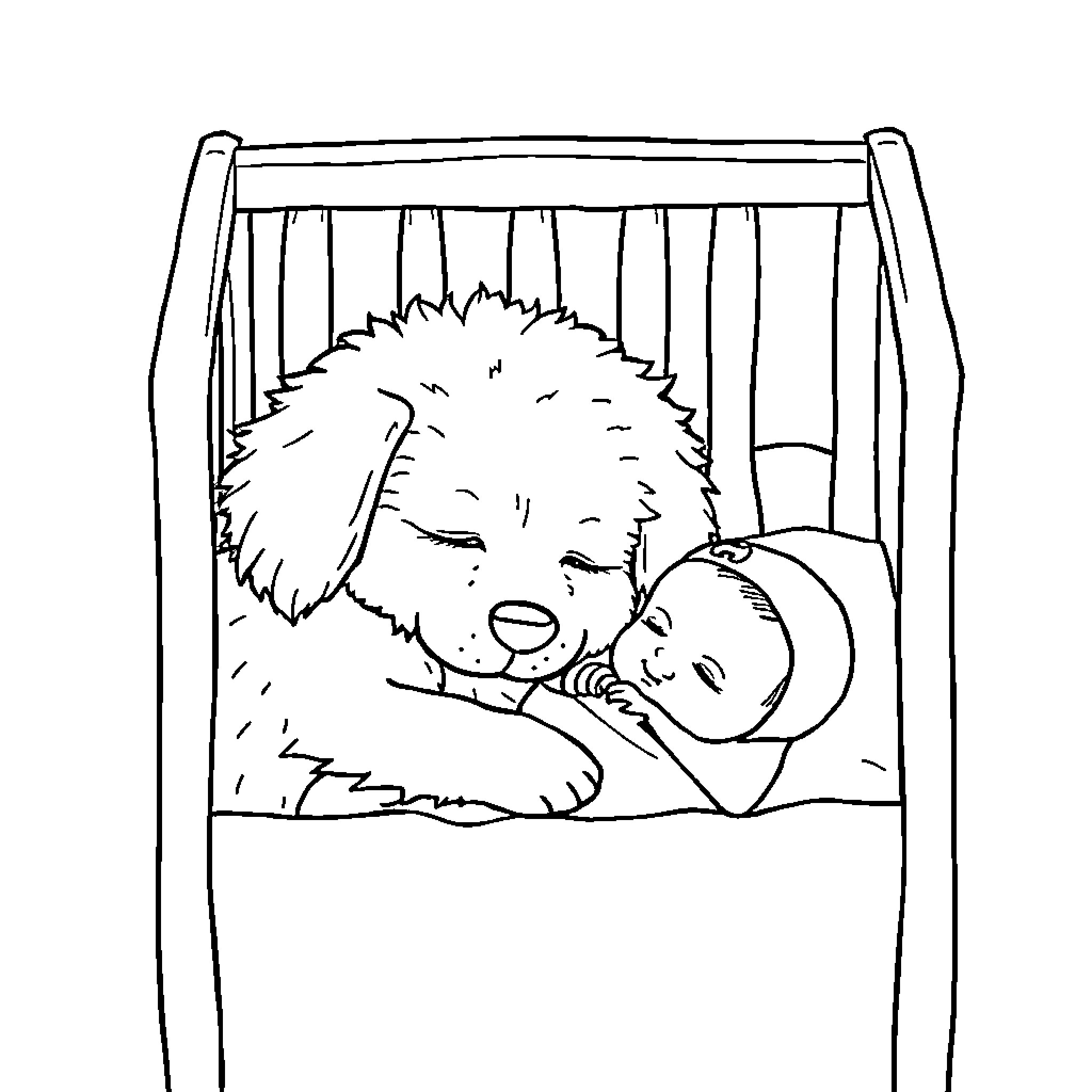 Dog cuddling newborn baby in crib Coloring Page (free black-and-white line drawing printable PDF for all, from beginners to advanced learners, including children, teens, adults, and seniors)