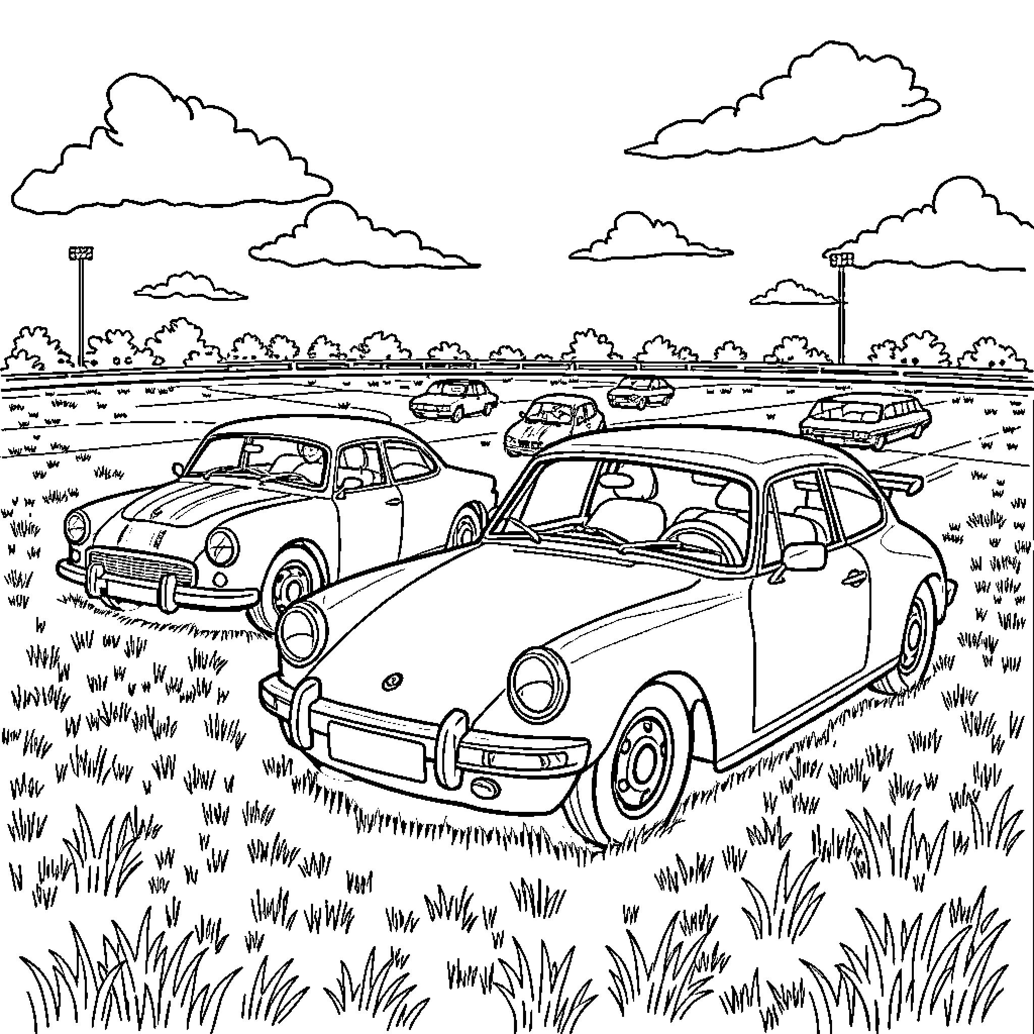 Cars Parked Amidst Nature Scenery Coloring Page (free black-and-white line drawing printable PDF for all, from beginners to advanced learners, including children, teens, adults, and seniors)