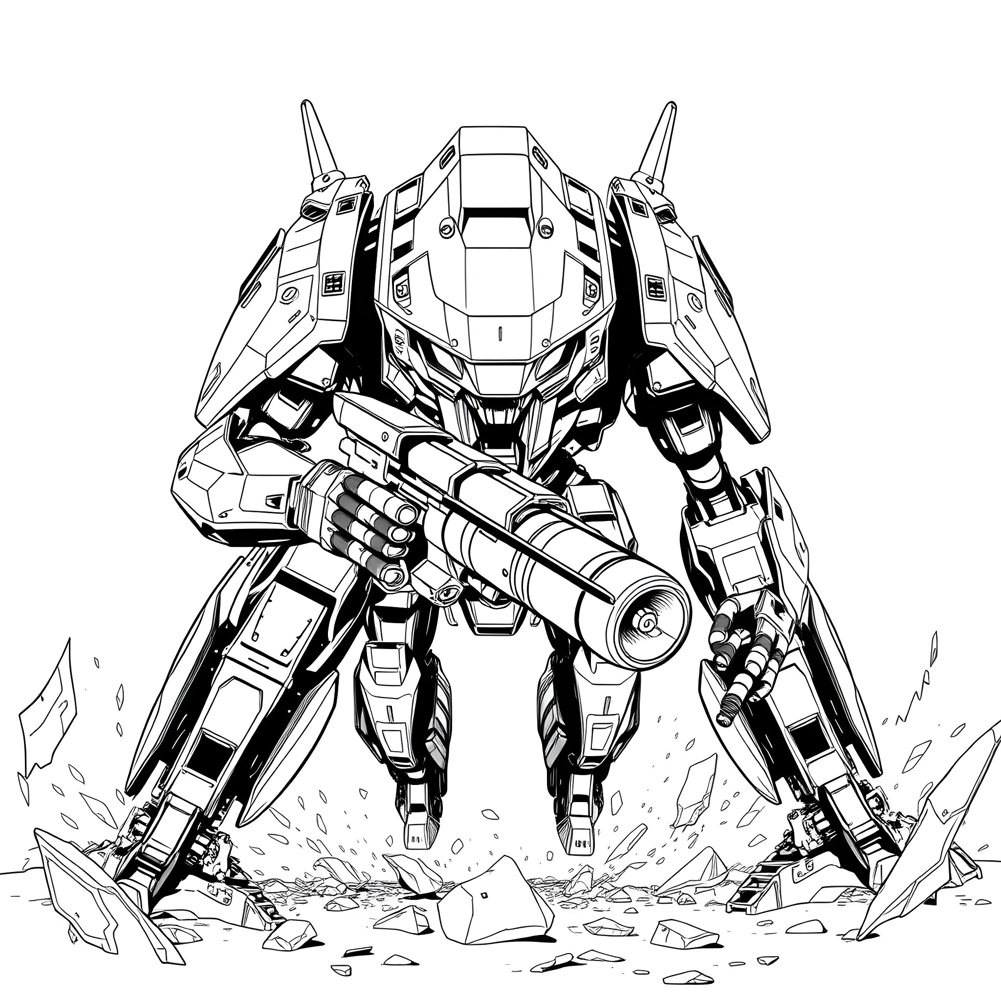 Nemesis - Fearsome Mech Warrior in Battle Stance Coloring Page (free black-and-white line drawing printable PDF for all, from beginners to advanced learners, including children, teens, adults, and seniors)