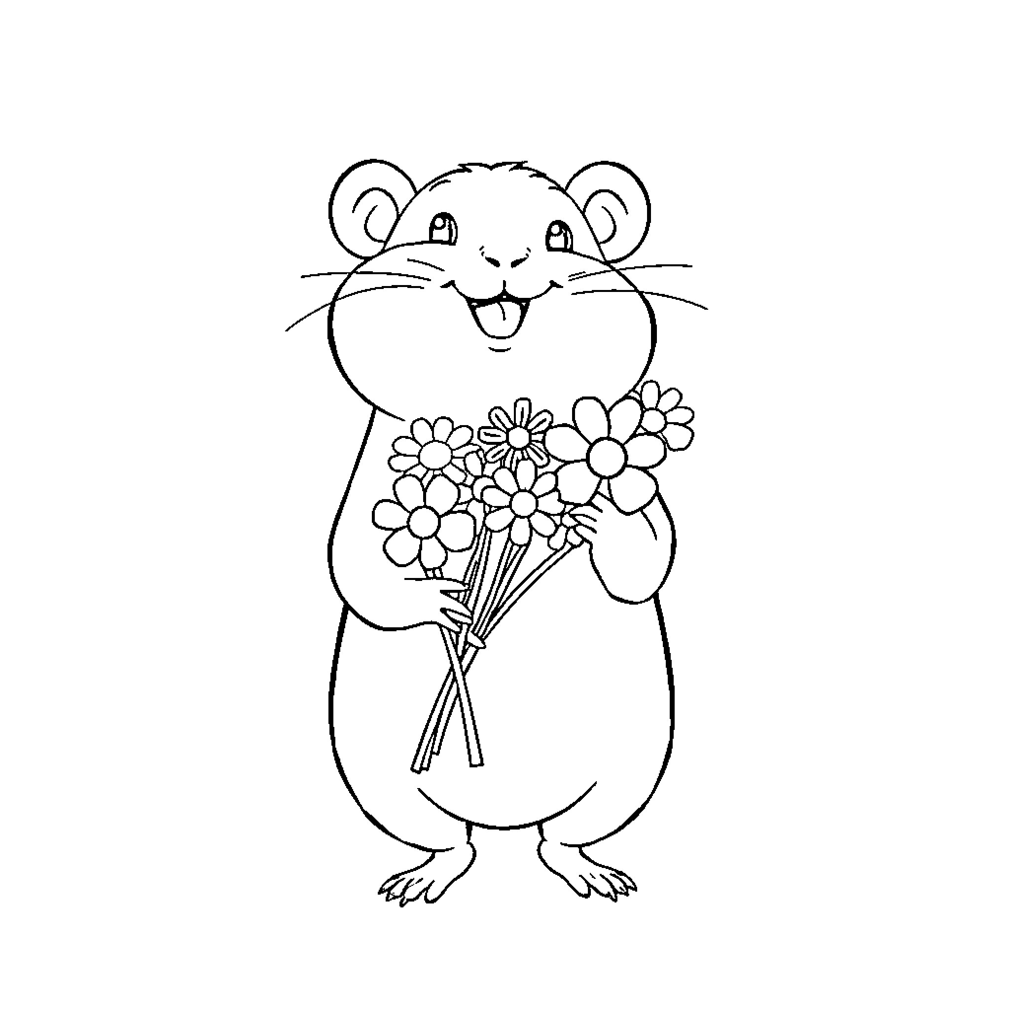 Hamster holding a bouquet of flowers Coloring Page (free black-and-white line drawing printable PDF for all, from beginners to advanced learners, including children, teens, adults, and seniors)