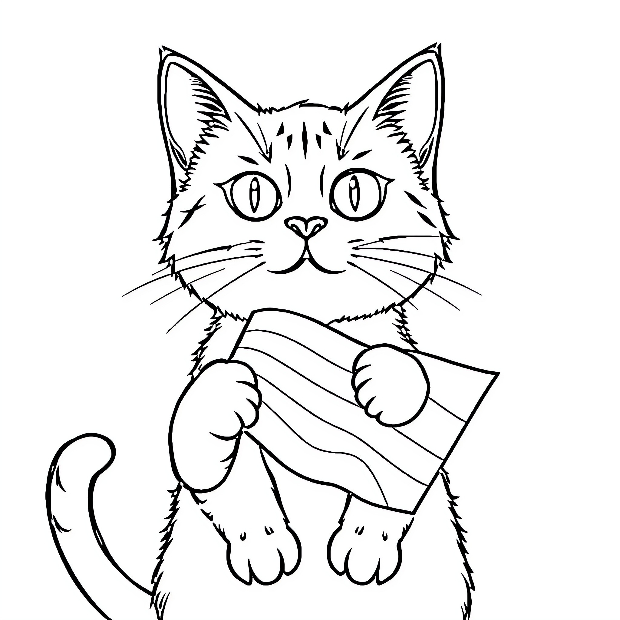 Cat with a Scarf Coloring Page (free black-and-white line drawing printable PDF for all, from beginners to advanced learners, including children, teens, adults, and seniors)