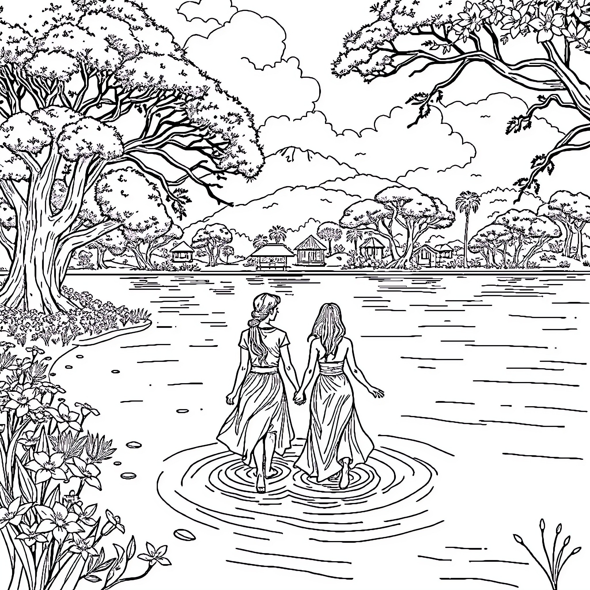 Couple enjoying nature at lakeside Coloring Page (free black-and-white line drawing printable PDF for all, from beginners to advanced learners, including children, teens, adults, and seniors)