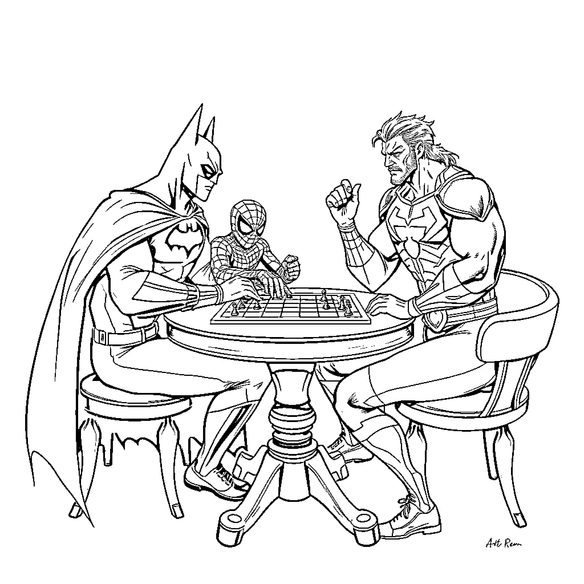 Batman, Spider-Man, and Wolverine playing chess together Coloring Page (free black-and-white line drawing printable PDF for all, from beginners to advanced learners, including children, teens, adults, and seniors)