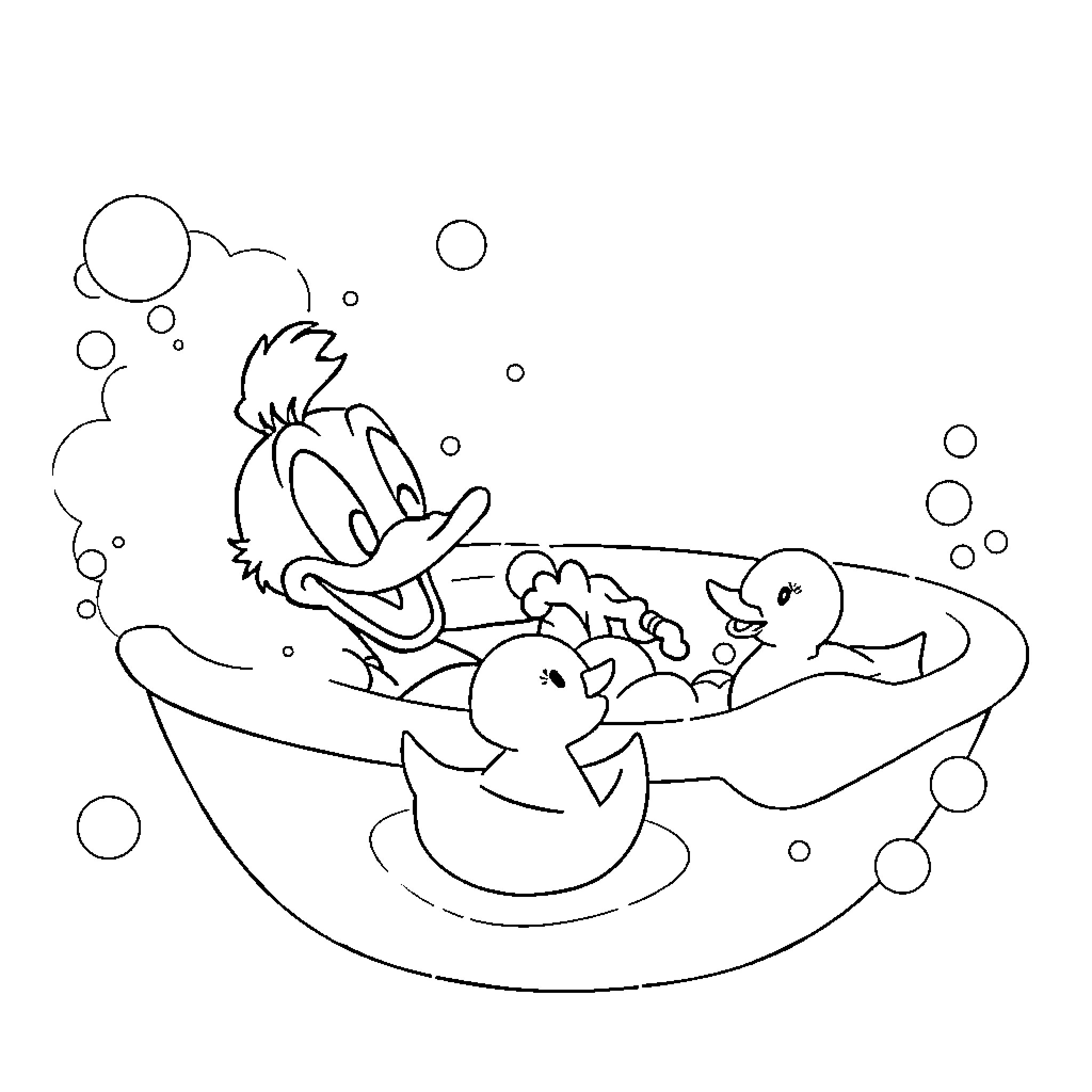 Donald Duck enjoying a bath with rubber duckies Coloring Page (free black-and-white line drawing printable PDF for all, from beginners to advanced learners, including children, teens, adults, and seniors)