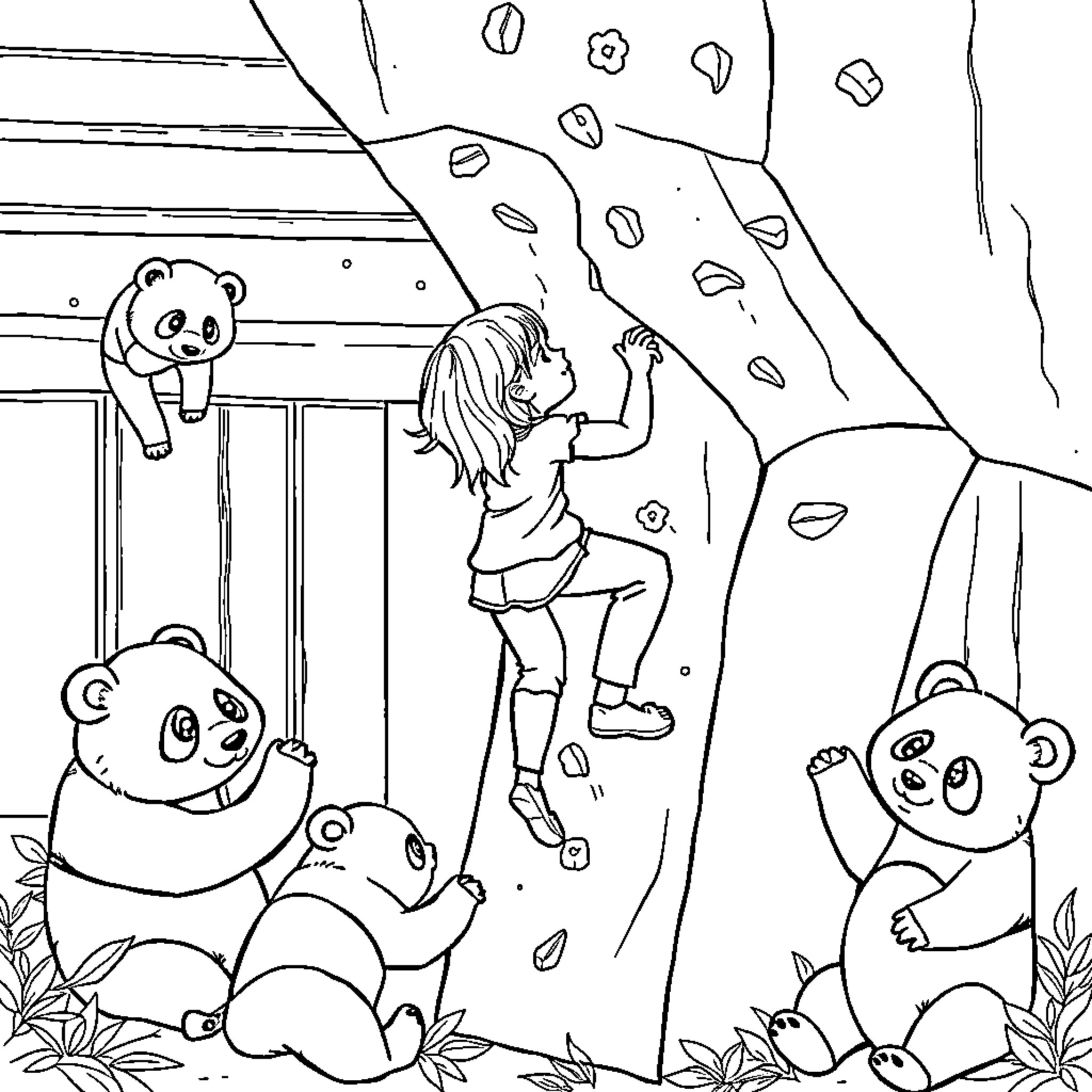 Girl climbing on rock wall with stuffed animals Coloring Page (free black-and-white line drawing printable PDF for all, from beginners to advanced learners, including children, teens, adults, and seniors)