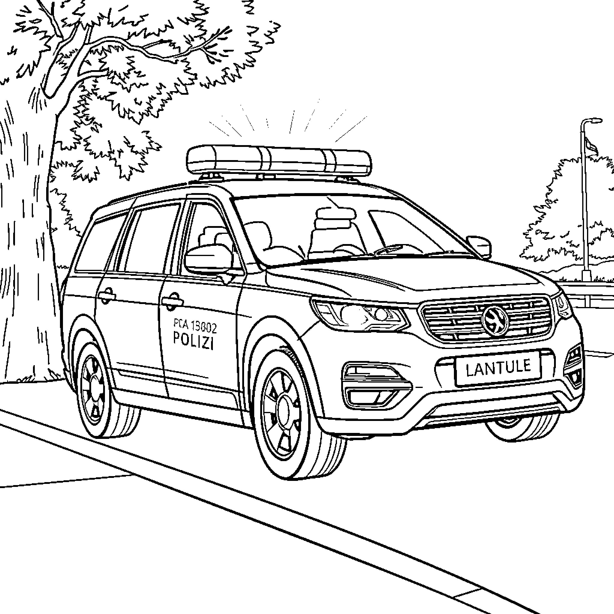 Police Car on Patrol in the Neighborhood Coloring Page (free black-and-white line drawing printable PDF for all, from beginners to advanced learners, including children, teens, adults, and seniors)