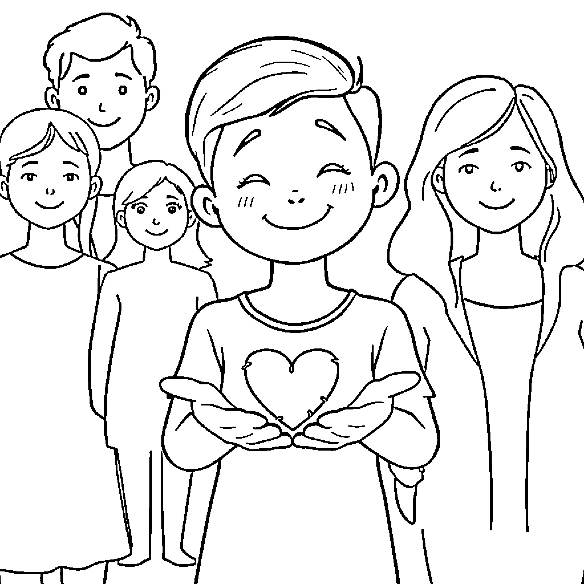 Person with family in loving embrace Coloring Page (free black-and-white line drawing printable PDF for all, from beginners to advanced learners, including children, teens, adults, and seniors)
