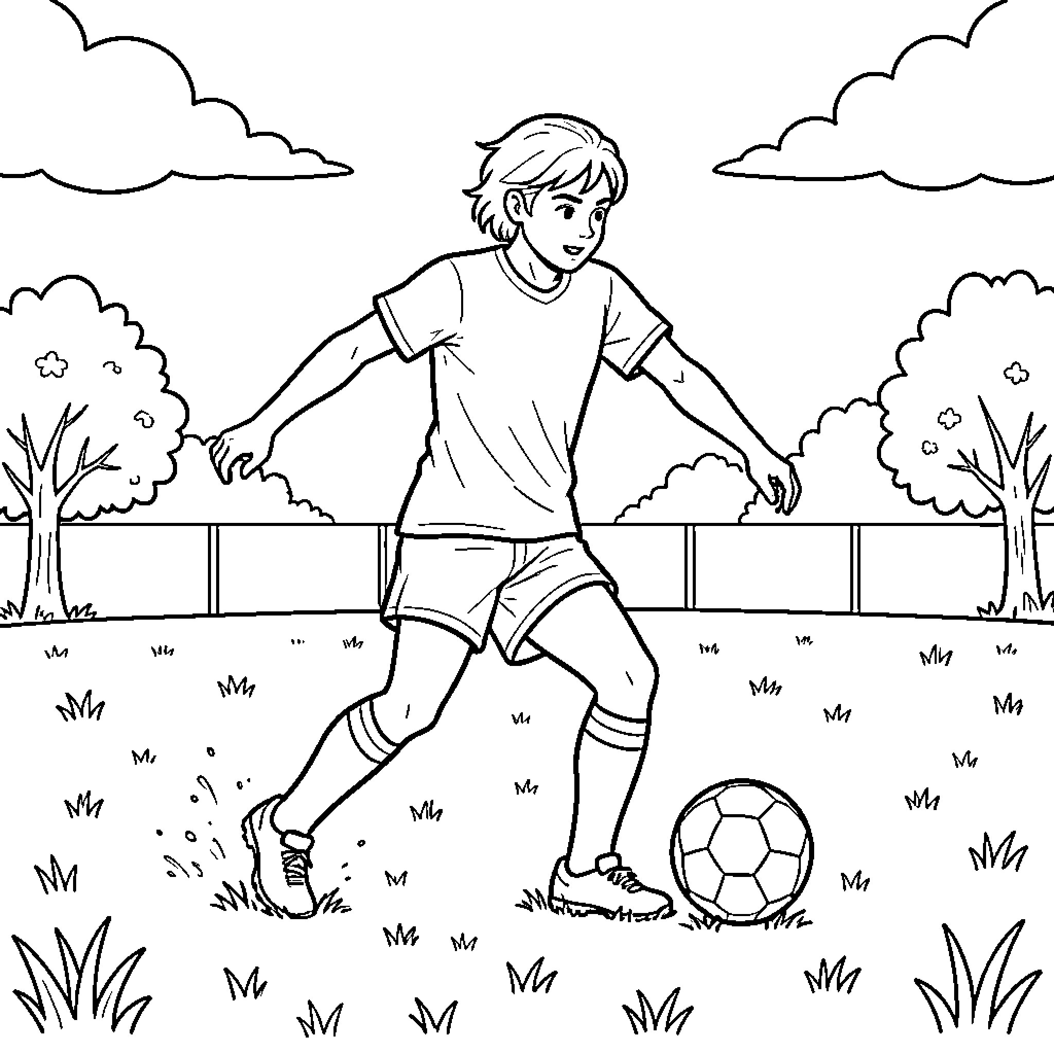 Macha playing soccer on a grassy field Coloring Page (free black-and-white line drawing printable PDF for all, from beginners to advanced learners, including children, teens, adults, and seniors)