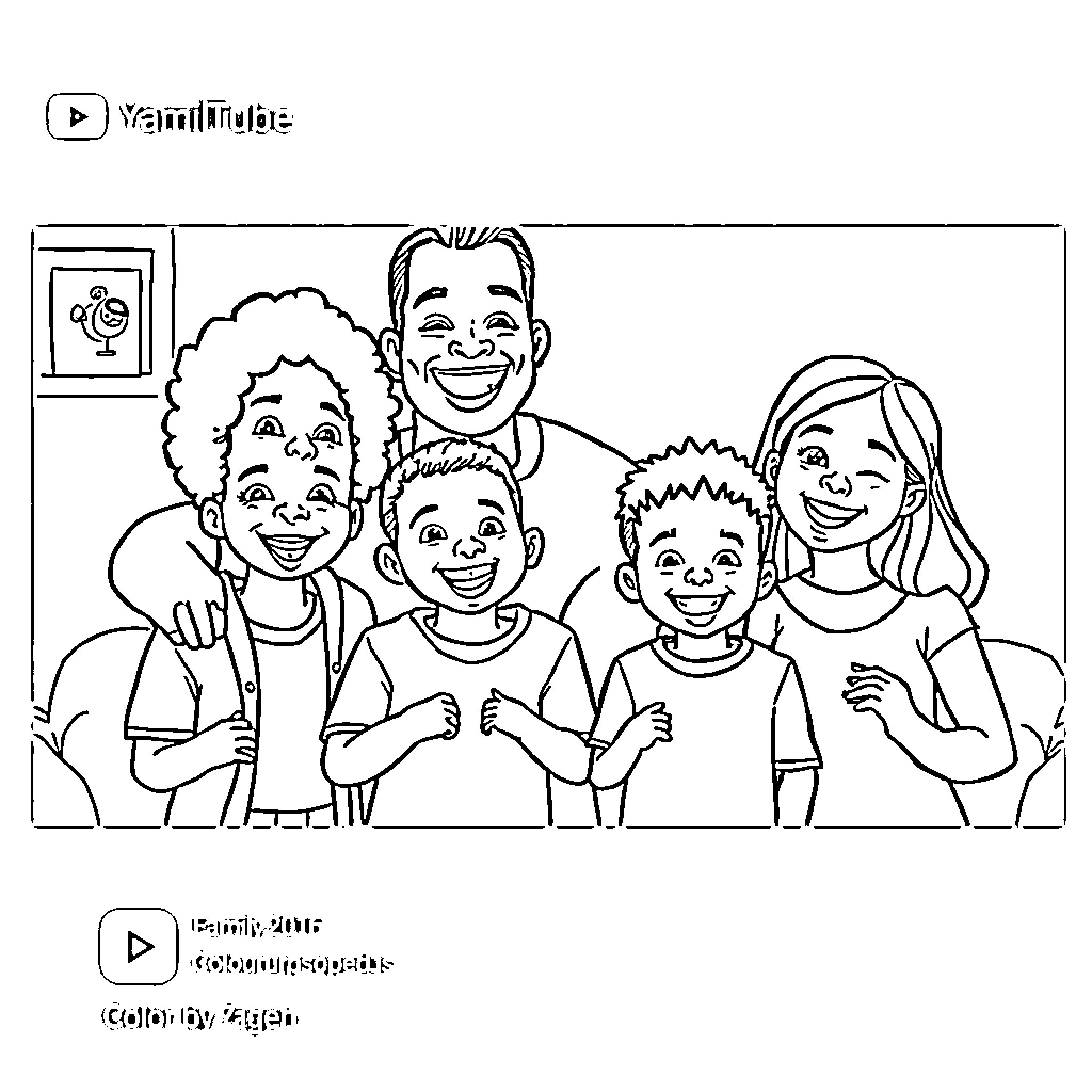 Family Enjoying a Lively Moment Together Coloring Page (free black-and-white line drawing printable PDF for all, from beginners to advanced learners, including children, teens, adults, and seniors)