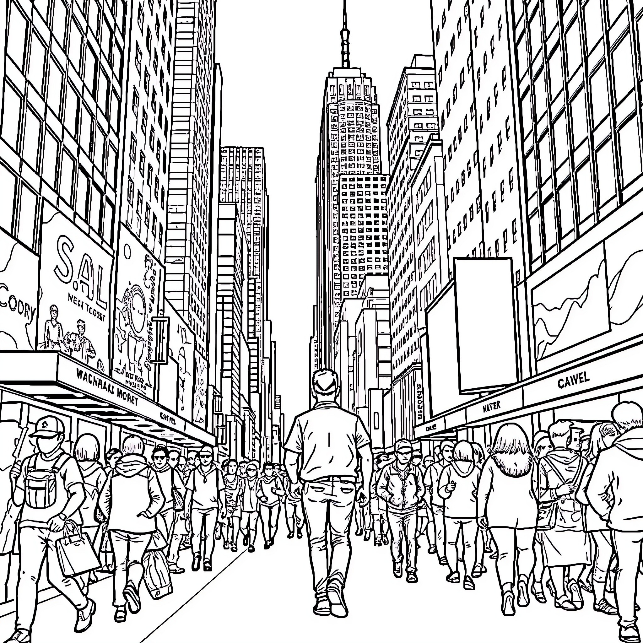 Man walks among the busy city streets Coloring Page (free black-and-white line drawing printable PDF for all, from beginners to advanced learners, including children, teens, adults, and seniors)