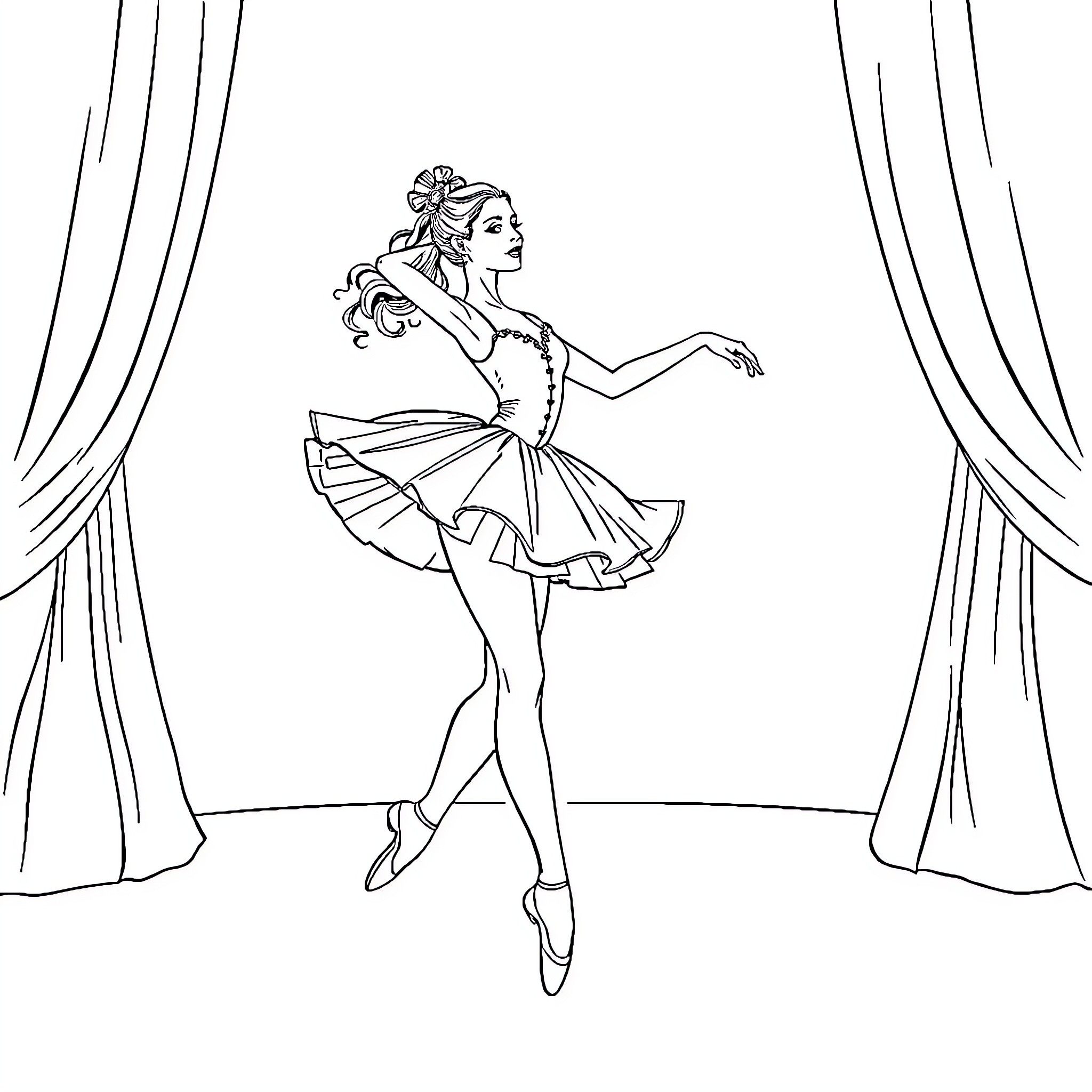 Ballerina Gracefully Performing on Stage Coloring Page (free black-and-white line drawing printable PDF for all, from beginners to advanced learners, including children, teens, adults, and seniors)